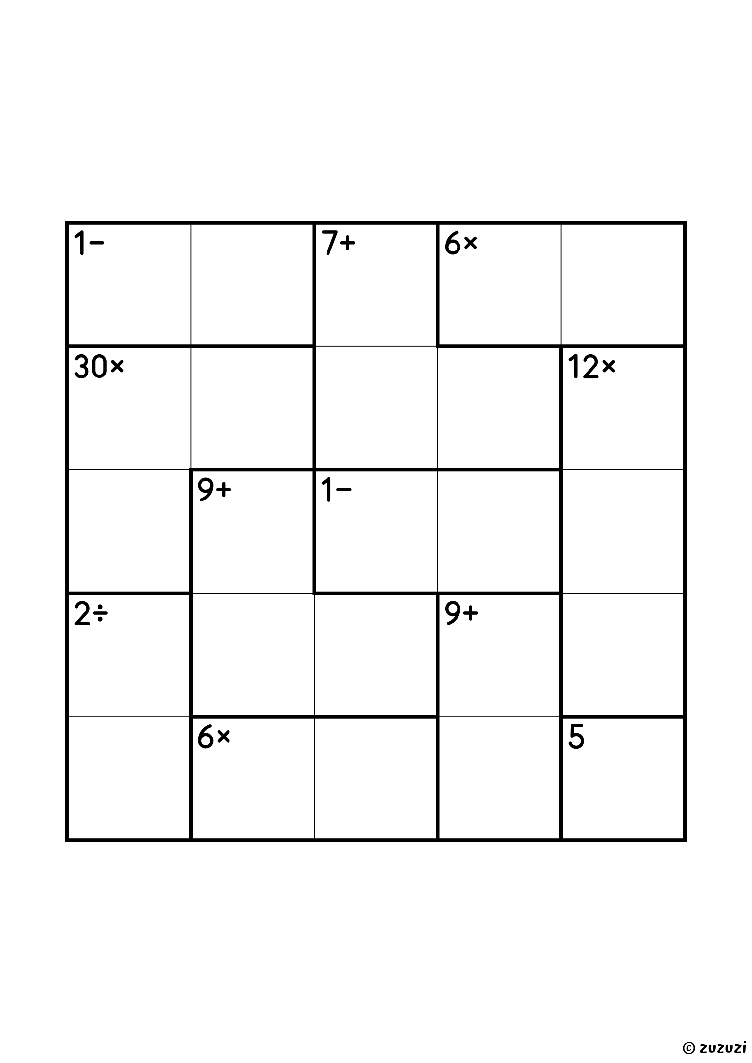 5x5 calcudoku with all four operations, eleven cages: a single cell of 5, two 1− pairs, two 6× pairs, a 2÷ pair, a 9+ pair (4 and 5) and four three-cell cages, 12×, 30× (2, 3 and 5), 7+ and 9+. All operations, puzzle 4 of 4.