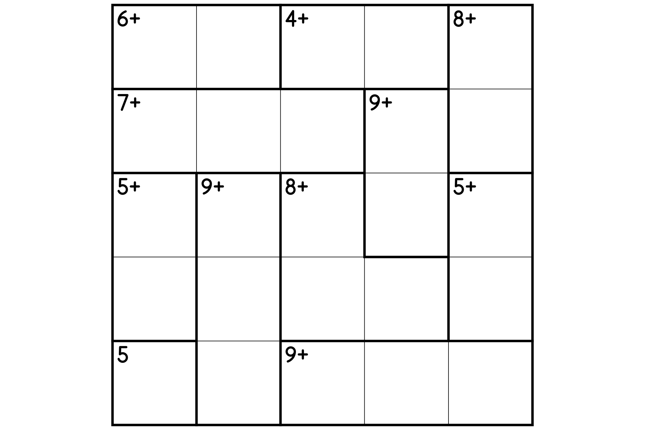 A 5x5 calcudoku grid with thick-lined cages, each with a target number and an operation sign, in black and white.