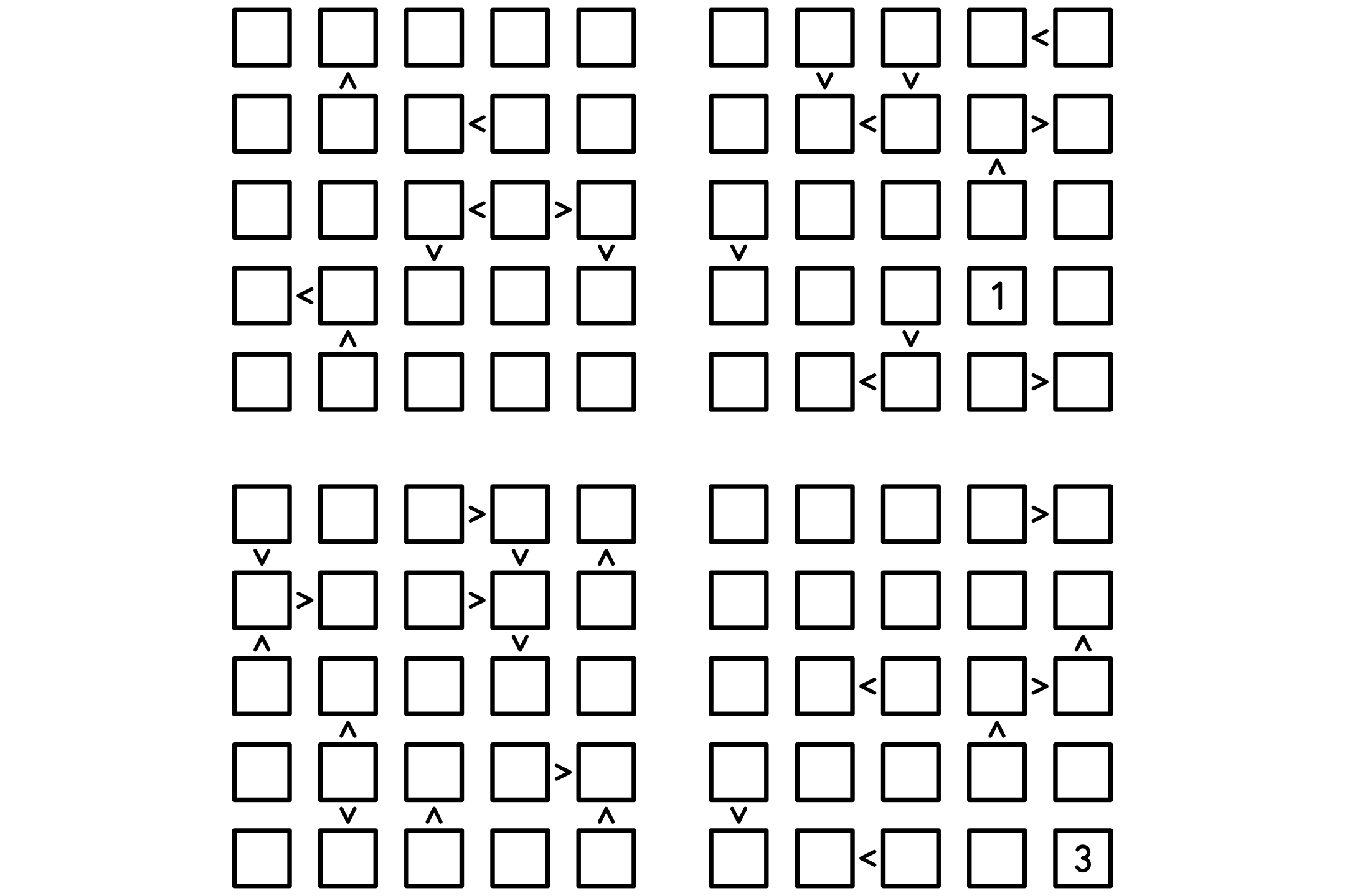 Four 5x5 futoshiki grids on one sheet, with greater-than and less-than signs between cells, in black on white.