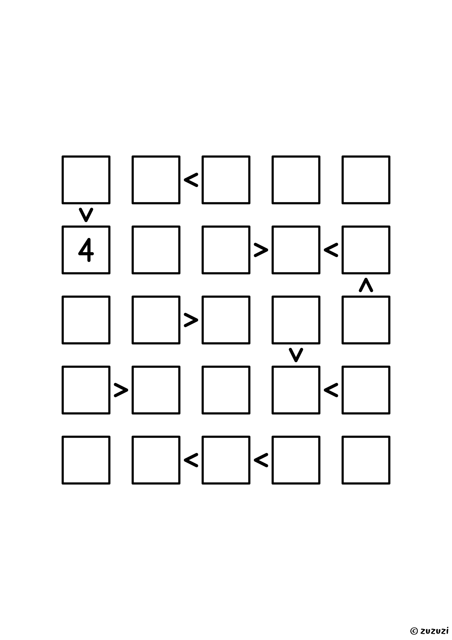 5x5 futoshiki with one given digit and eleven signs; the given digit removes a candidate from its whole row and column before you read a single sign. Puzzle 4 of 8.
