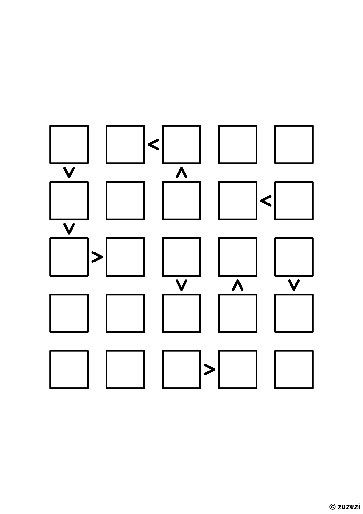 5x5 futoshiki with ten signs and no given digit: start by marking where a 5 can still go in each row. Puzzle 6 of 8.