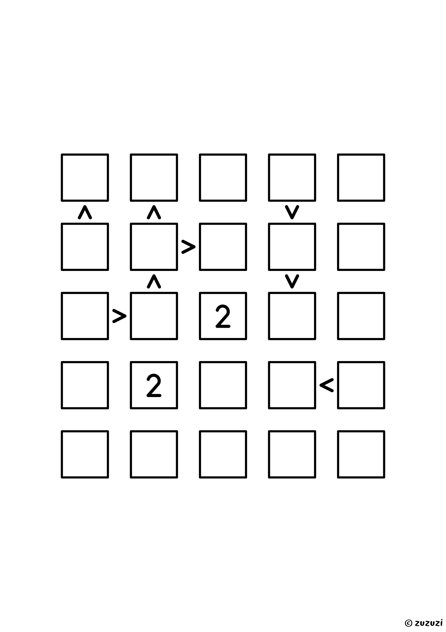 5x5 futoshiki with two given digits and eight signs, the most generous grid of the set, a good one to print first. Puzzle 7 of 8.