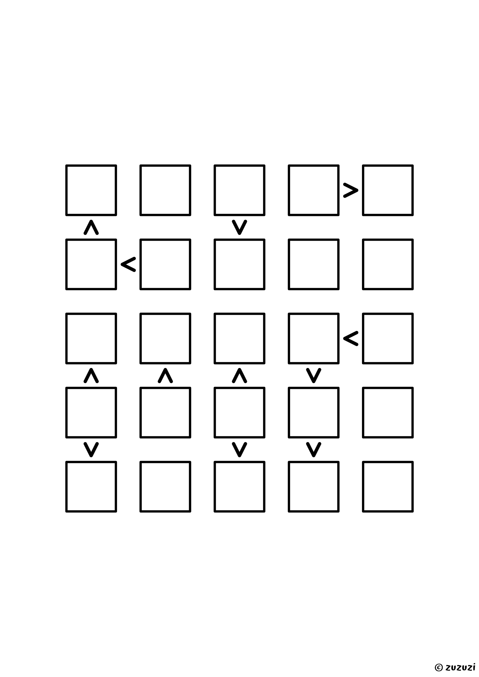 5x5 futoshiki with twelve signs and no given digit, the densest grid of the set: the chains run through most of the board. Puzzle 8 of 8.