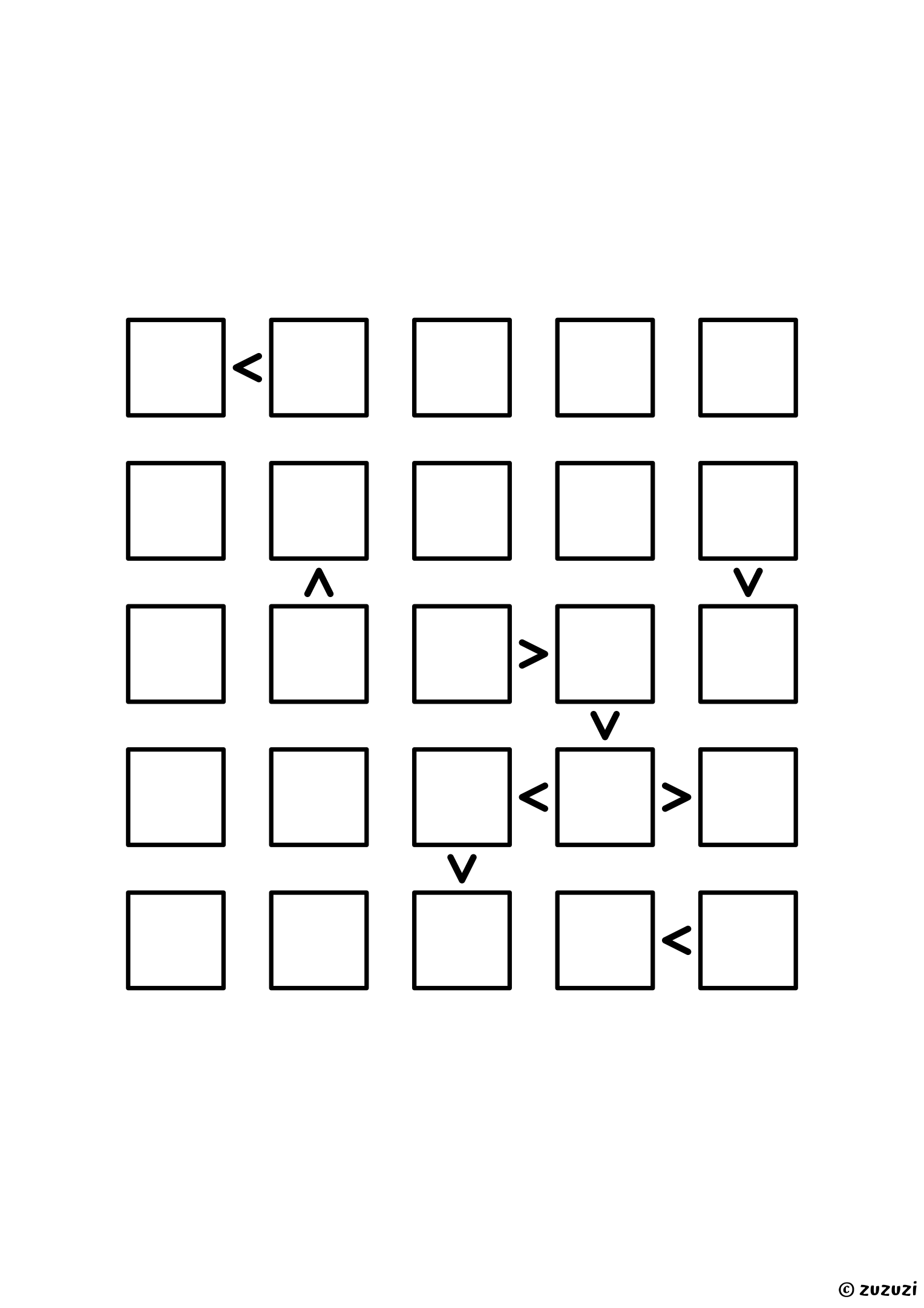 Intermediate 5x5 futoshiki puzzle with inequality signs between neighboring cells. Digits 1 to 5, one solution. Variant 2.