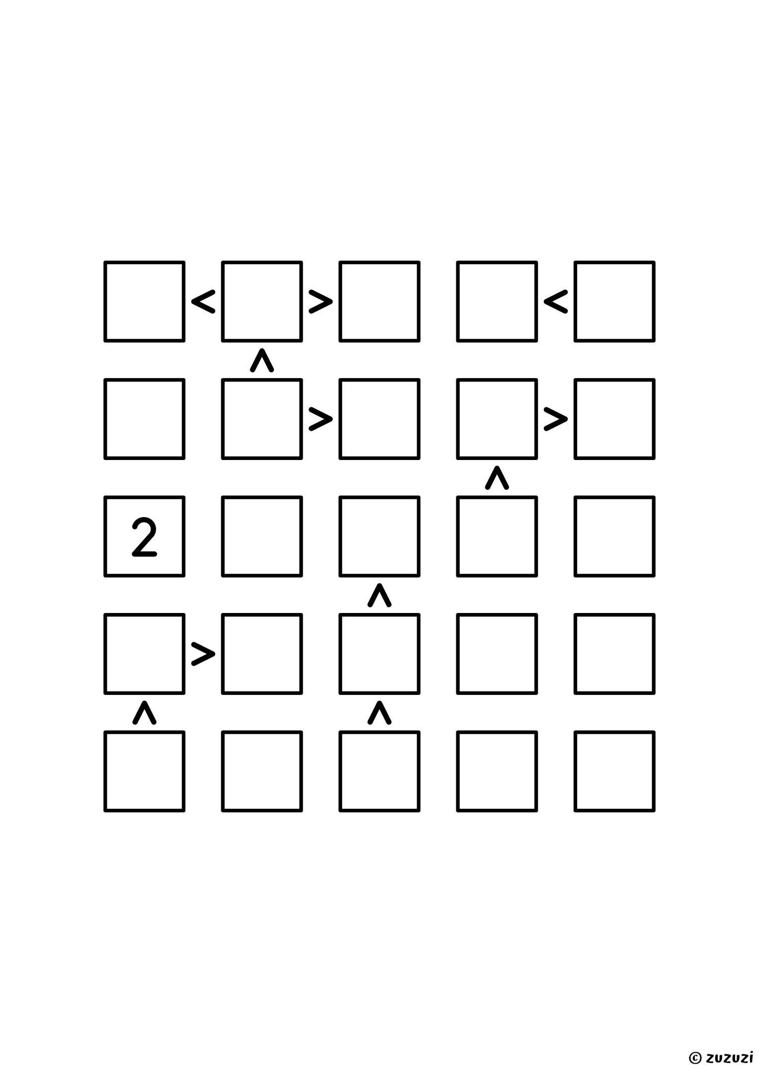Intermediate 5x5 futoshiki puzzle with inequality signs between neighboring cells. Digits 1 to 5, one solution. Variant 3.