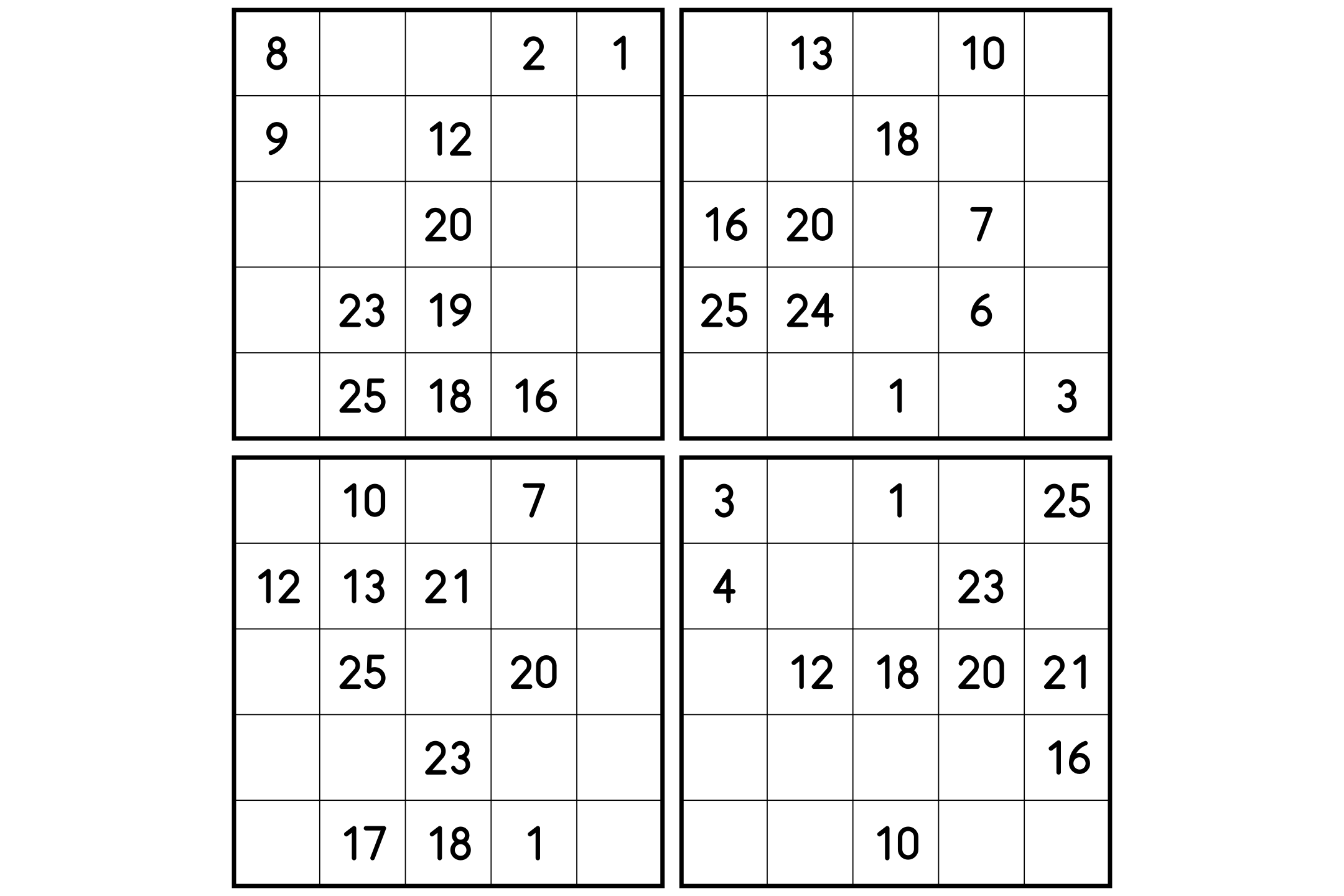 A sheet with four small 5x5 Hidoku grids, each showing a few numbers of its own path.