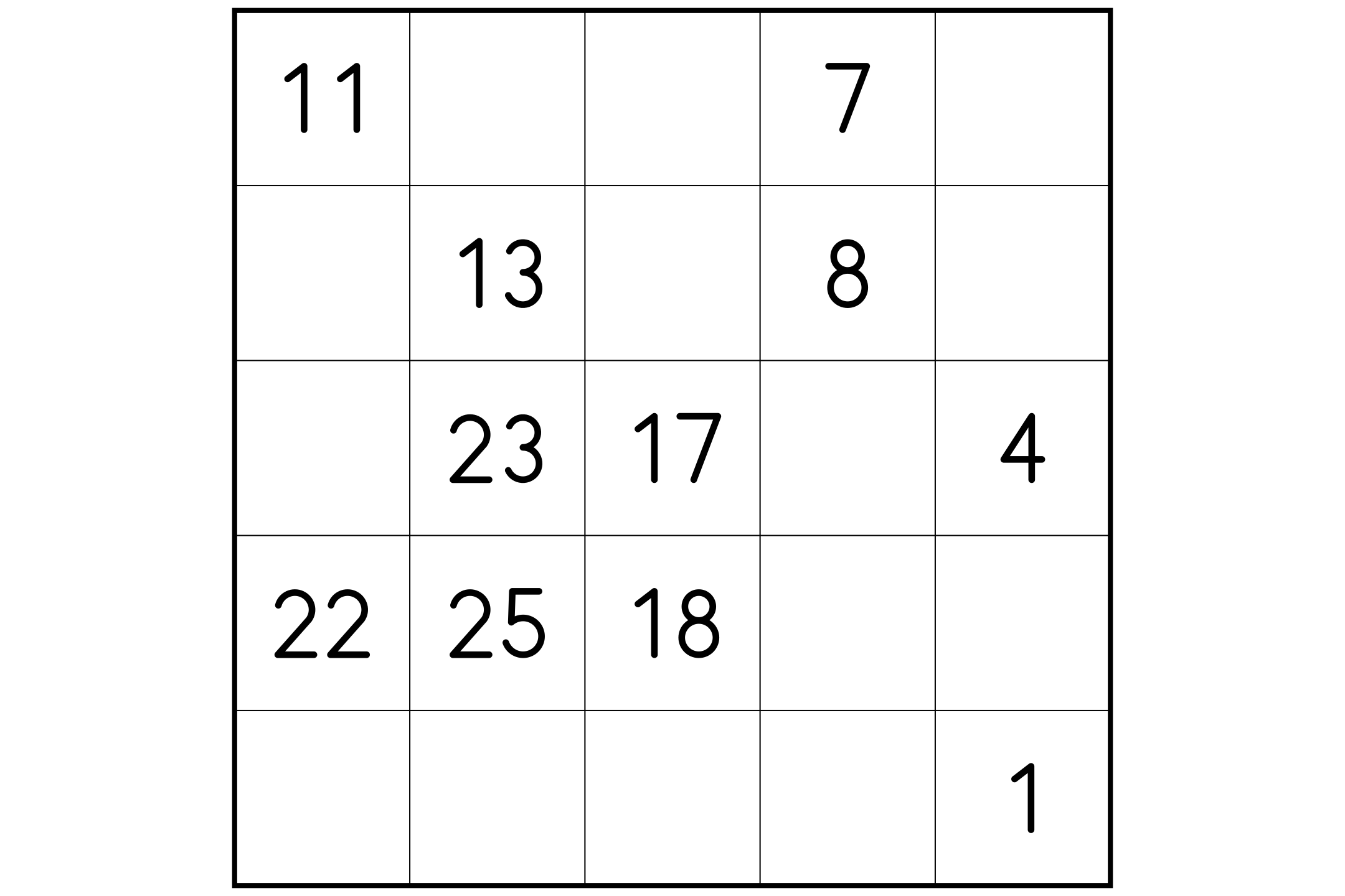 A large 5x5 Hidoku grid with some numbers already written and empty cells left for the rest.
