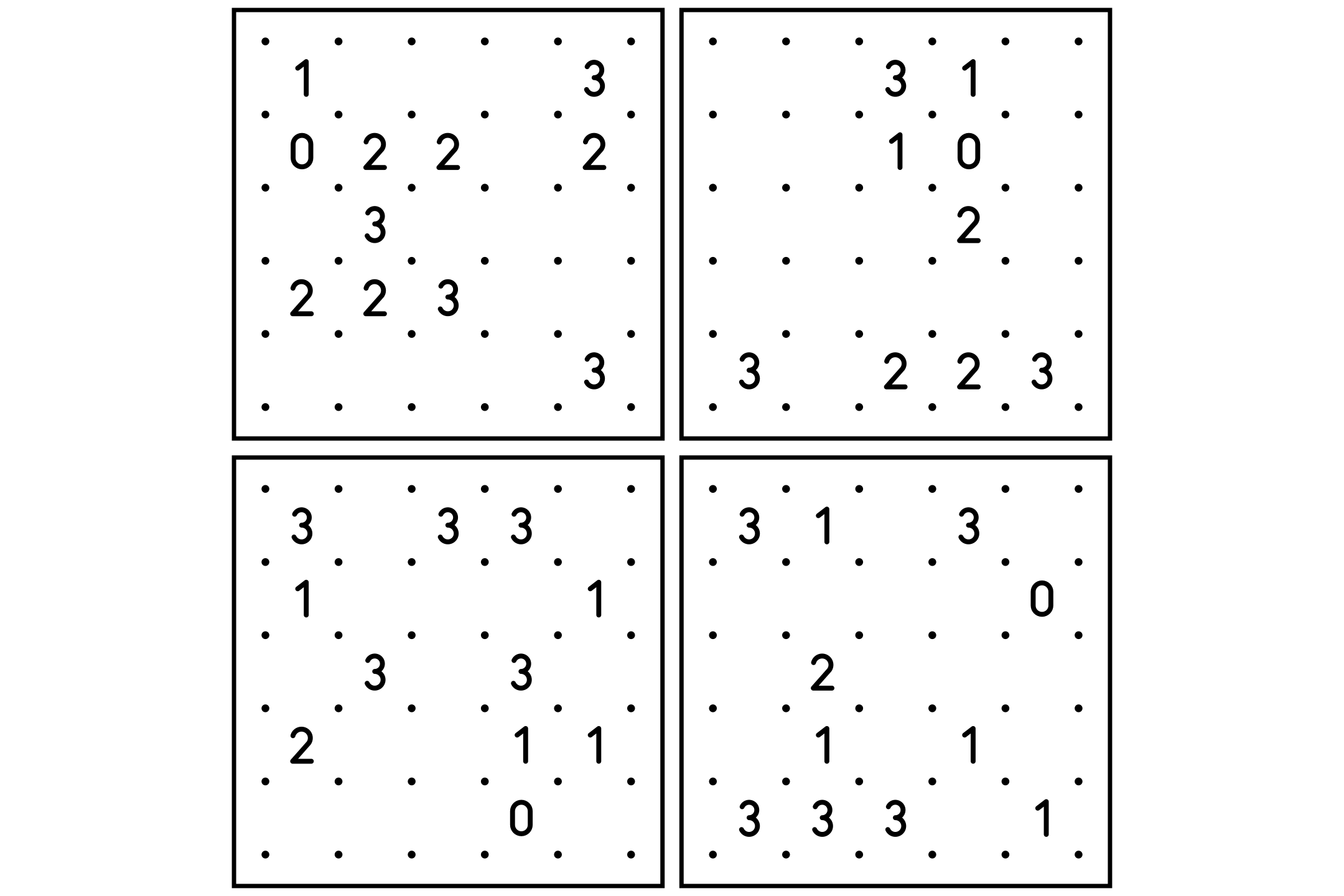 A sheet of four framed 5x5 slitherlink grids of dots and numbers.