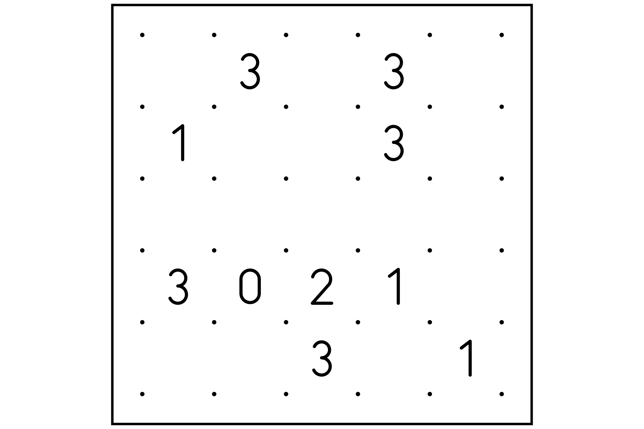 A 5x5 slitherlink grid of large dots with a few numbers between them.