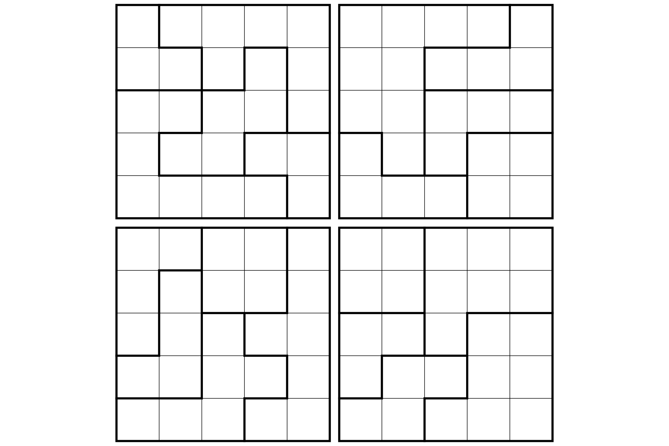 A sheet of four small 5x5 star battle grids with thick region outlines.