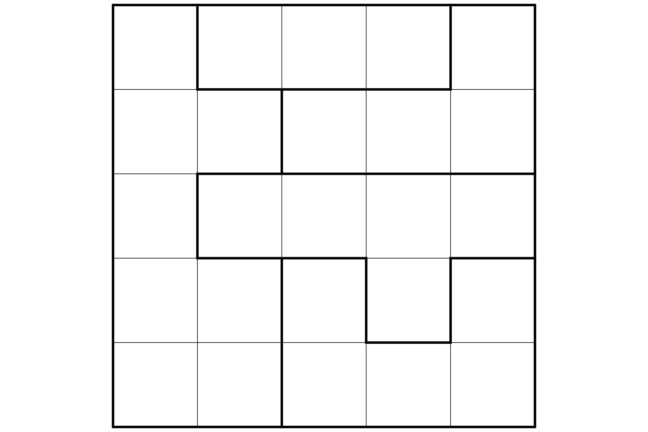 A 5x5 star battle grid with five regions outlined in thick lines.