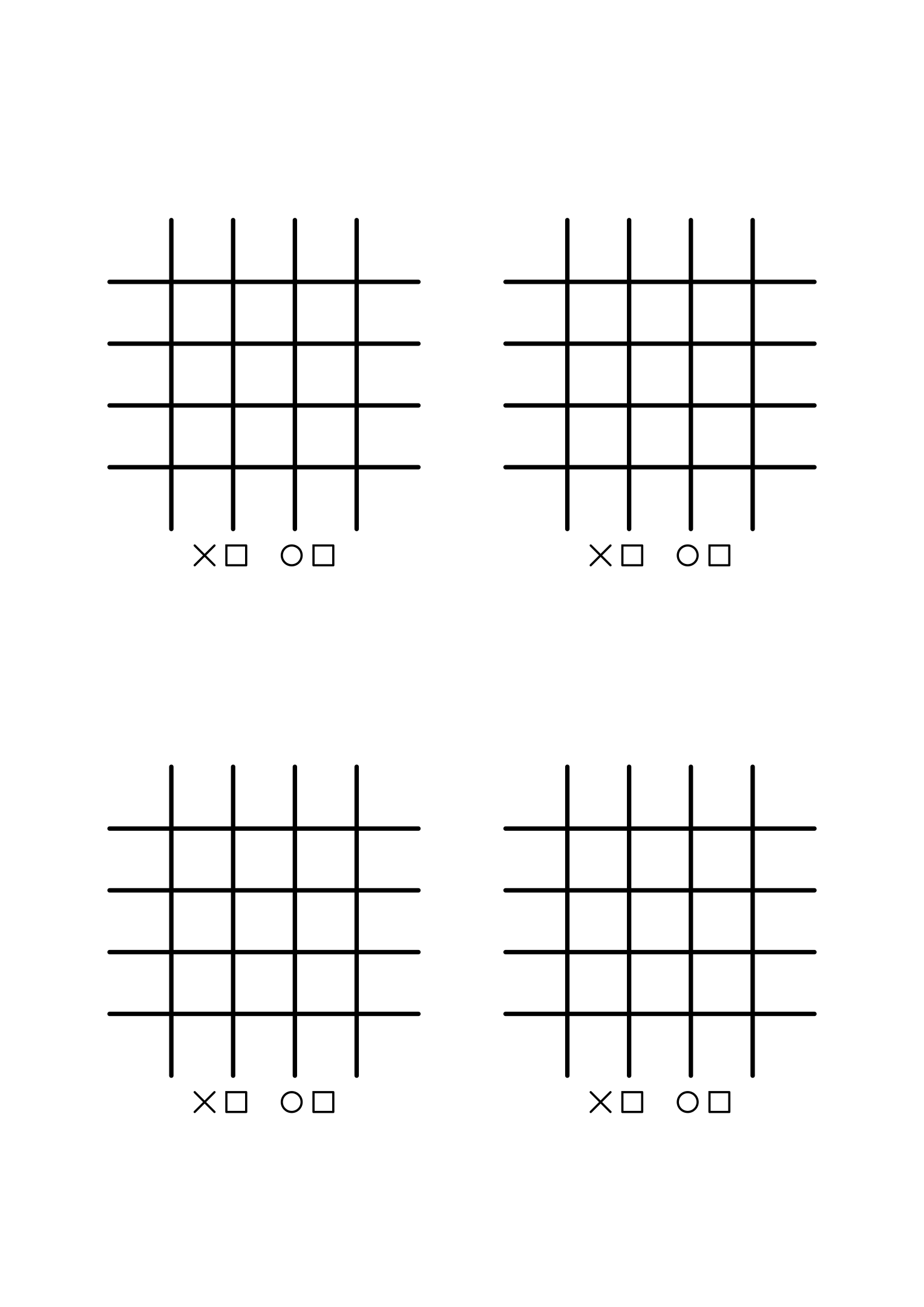 Four 5x5 boards, each with its own score line underneath.