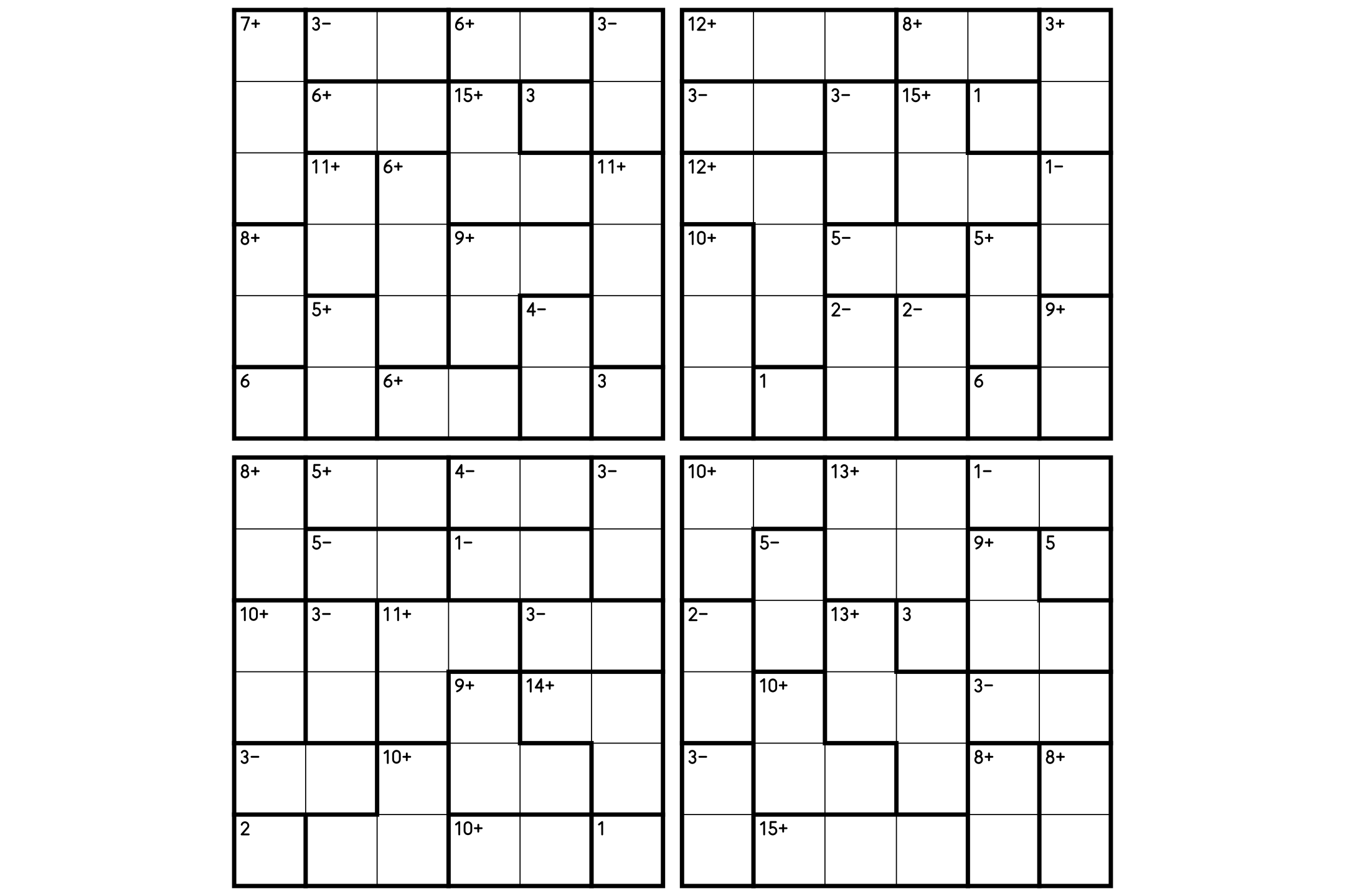A sheet of four 6x6 calcudoku grids with thick cages, targets and operation signs, in black on white.
