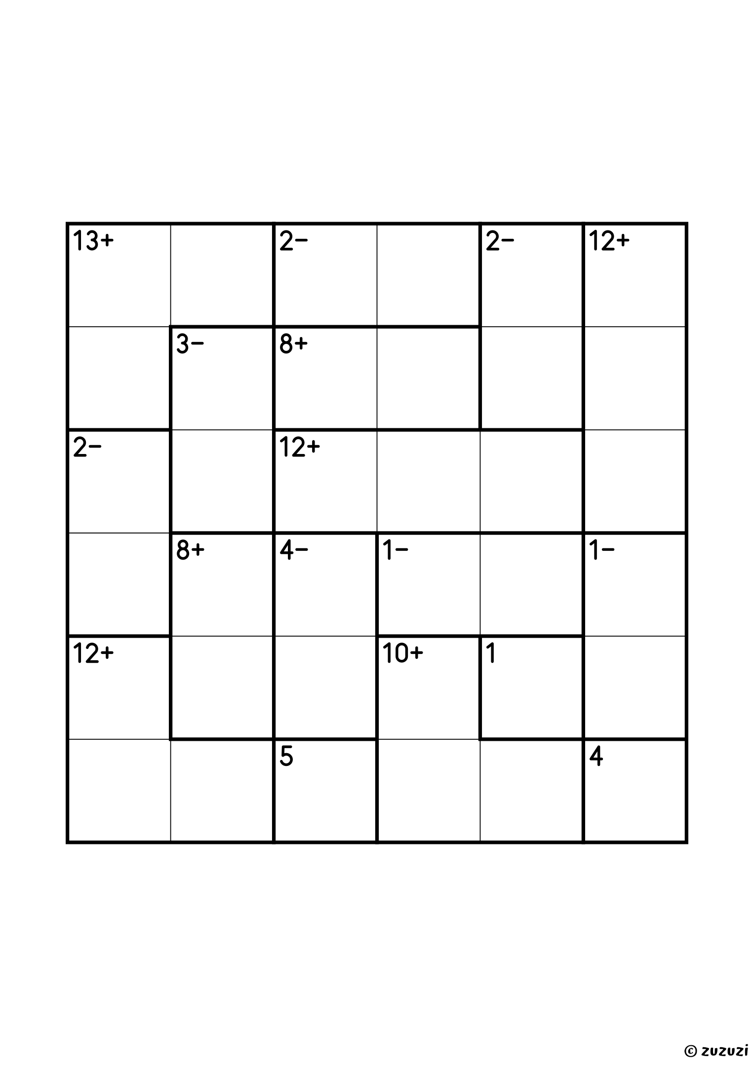 Intermediate 6x6 calcudoku with addition and subtraction cages, outlined with thick lines, and no given numbers. Digits 1 to 6, one solution. Variant 1.