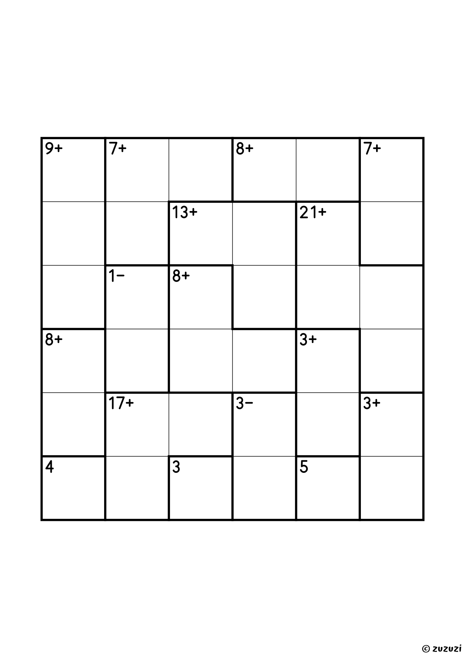 Intermediate 6x6 calcudoku with addition and subtraction cages, outlined with thick lines, and no given numbers. Digits 1 to 6, one solution. Variant 2.