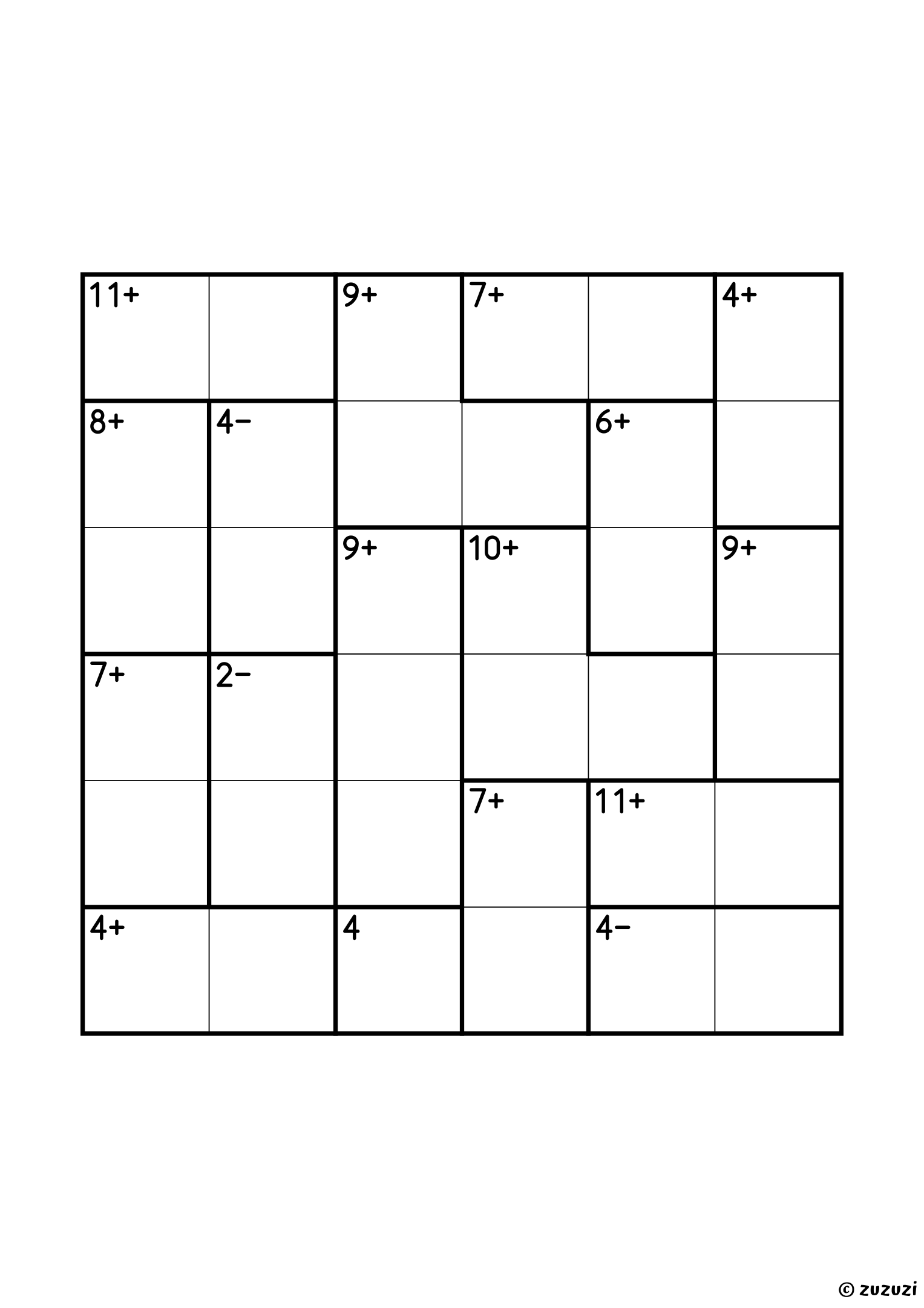 Intermediate 6x6 calcudoku with addition and subtraction cages, outlined with thick lines, and no given numbers. Digits 1 to 6, one solution. Variant 3.