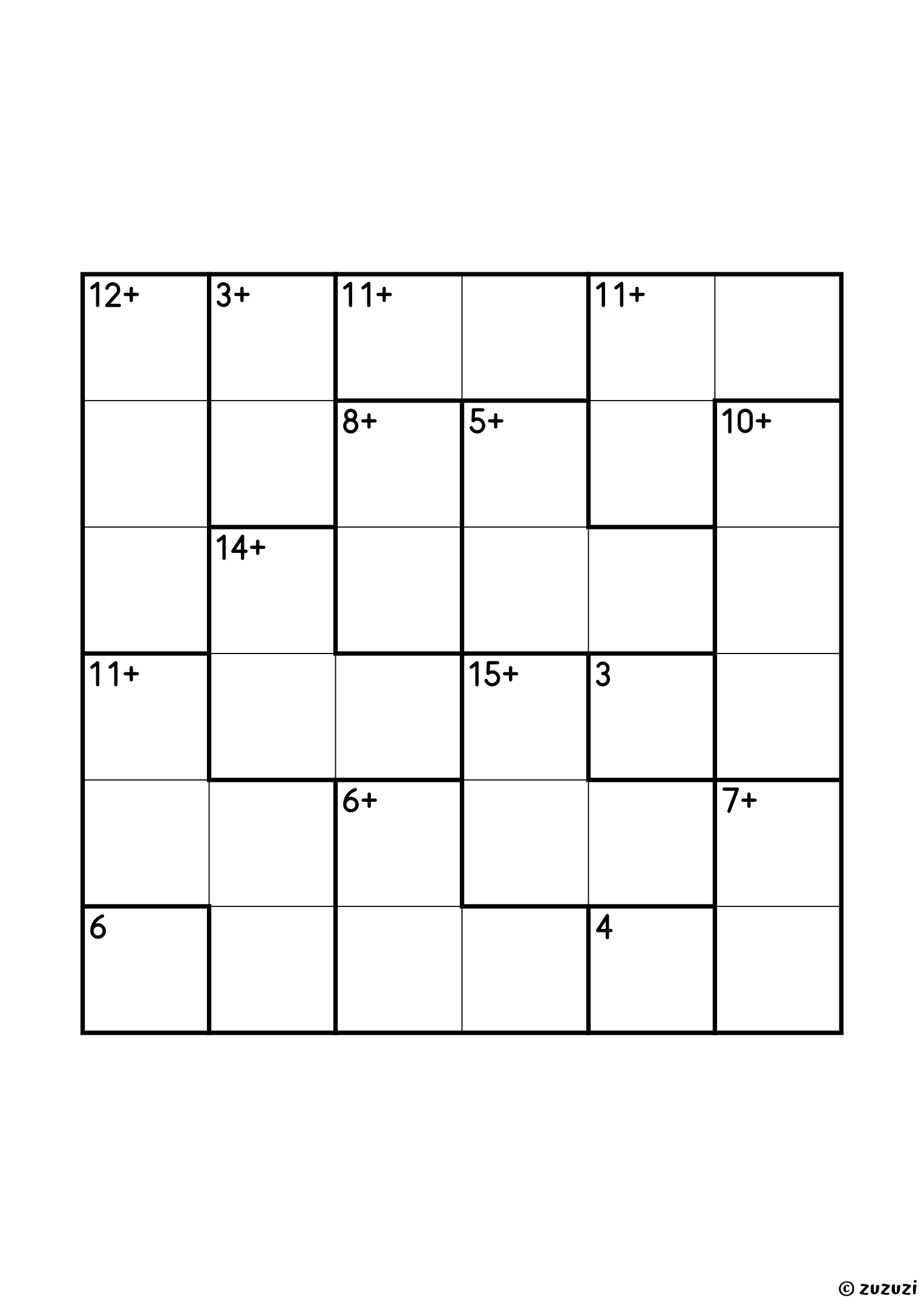 Beginner 6x6 calcudoku with addition cages only, outlined with thick lines, and no given numbers. Digits 1 to 6, one solution. Variant 1.
