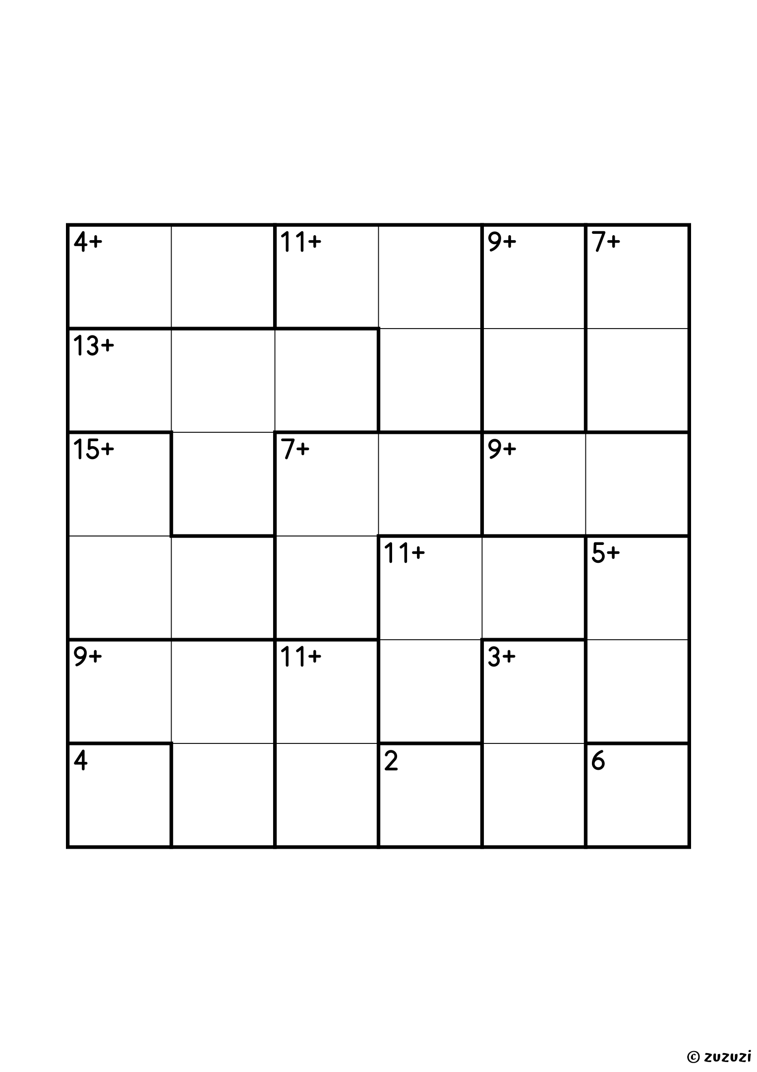 Beginner 6x6 calcudoku with addition cages only, outlined with thick lines, and no given numbers. Digits 1 to 6, one solution. Variant 2.