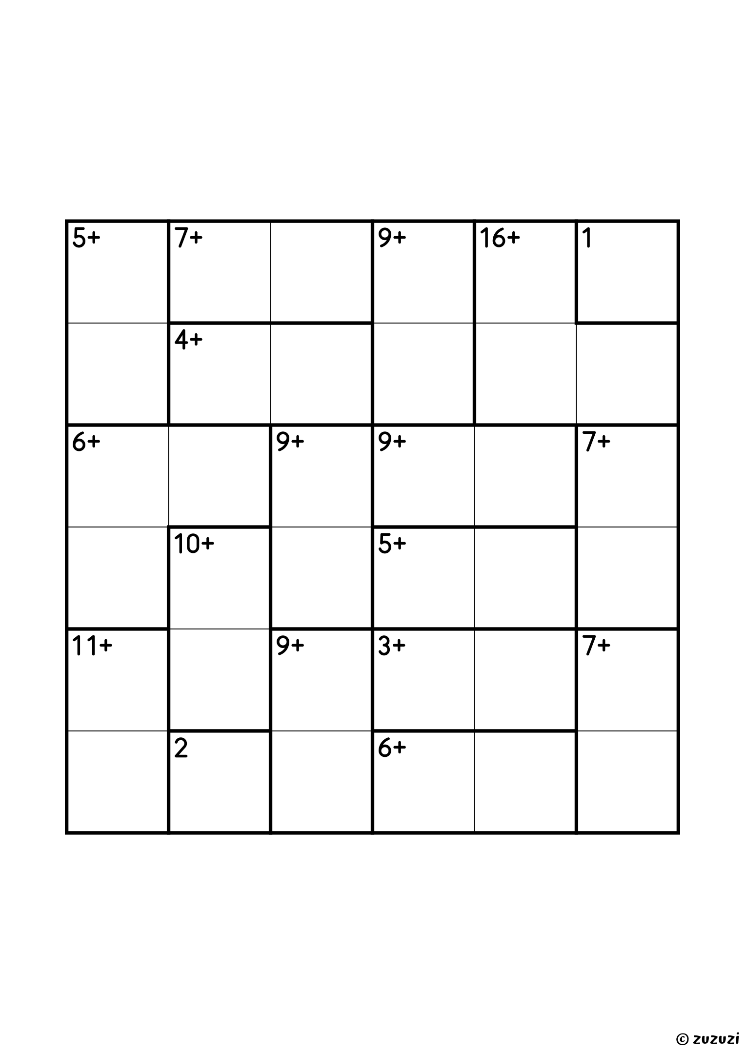 Beginner 6x6 calcudoku with addition cages only, outlined with thick lines, and no given numbers. Digits 1 to 6, one solution. Variant 3.