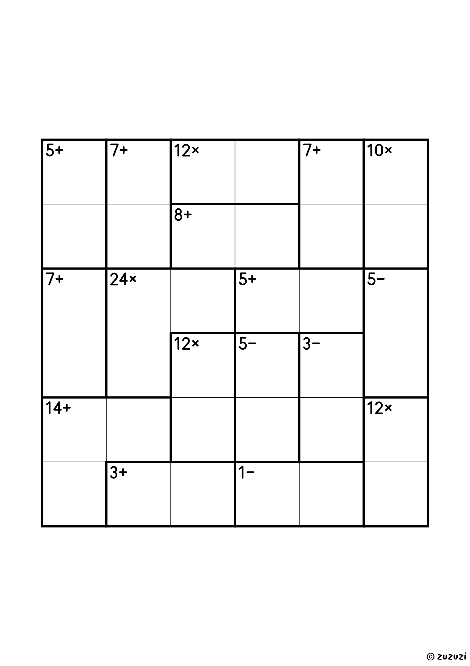 Advanced 6x6 calcudoku with addition, subtraction, multiplication, and division cages, outlined with thick lines, and no given numbers. Digits 1 to 6, one solution. Variant 1.