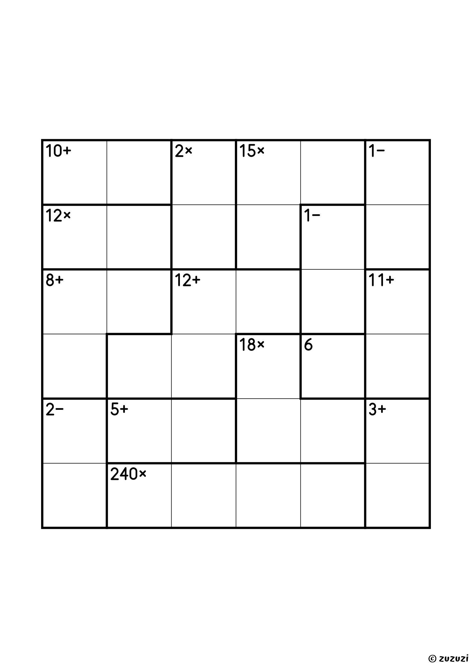 Advanced 6x6 calcudoku with addition, subtraction, multiplication, and division cages, outlined with thick lines, and no given numbers. Digits 1 to 6, one solution. Variant 2.