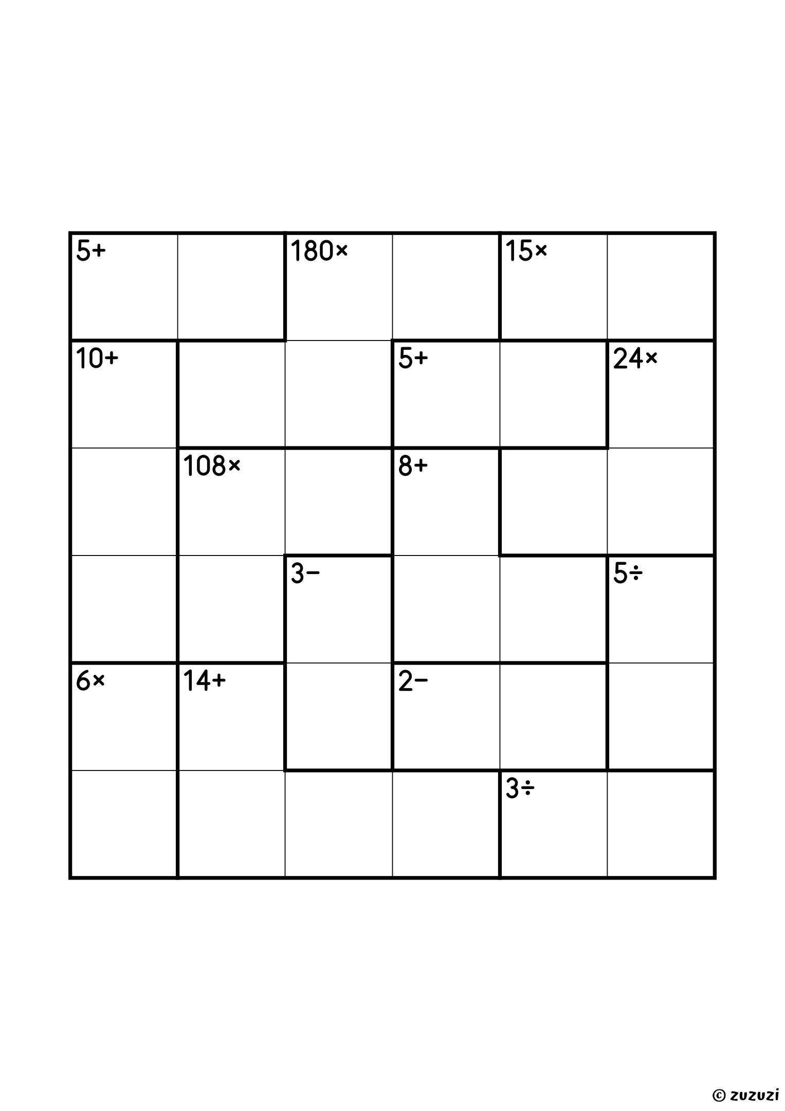 Advanced 6x6 calcudoku with addition, subtraction, multiplication, and division cages, outlined with thick lines, and no given numbers. Digits 1 to 6, one solution. Variant 3.