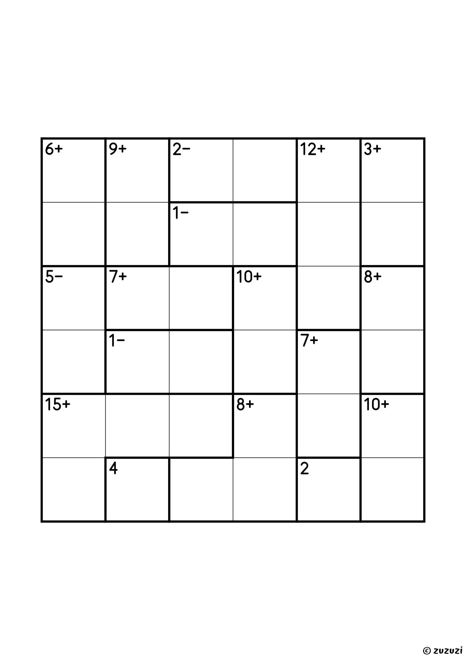 6x6 calcudoku with addition and subtraction, seventeen cages: two single cells (2 and 4), four subtraction pairs (1−, 1−, 2− and 5−, the last one being 1 and 6), eight addition pairs from 3+ to 10+, two three-cell cages (8+ and 12+) and a four-cell 15+. Addition and subtraction, puzzle 1 of 4.