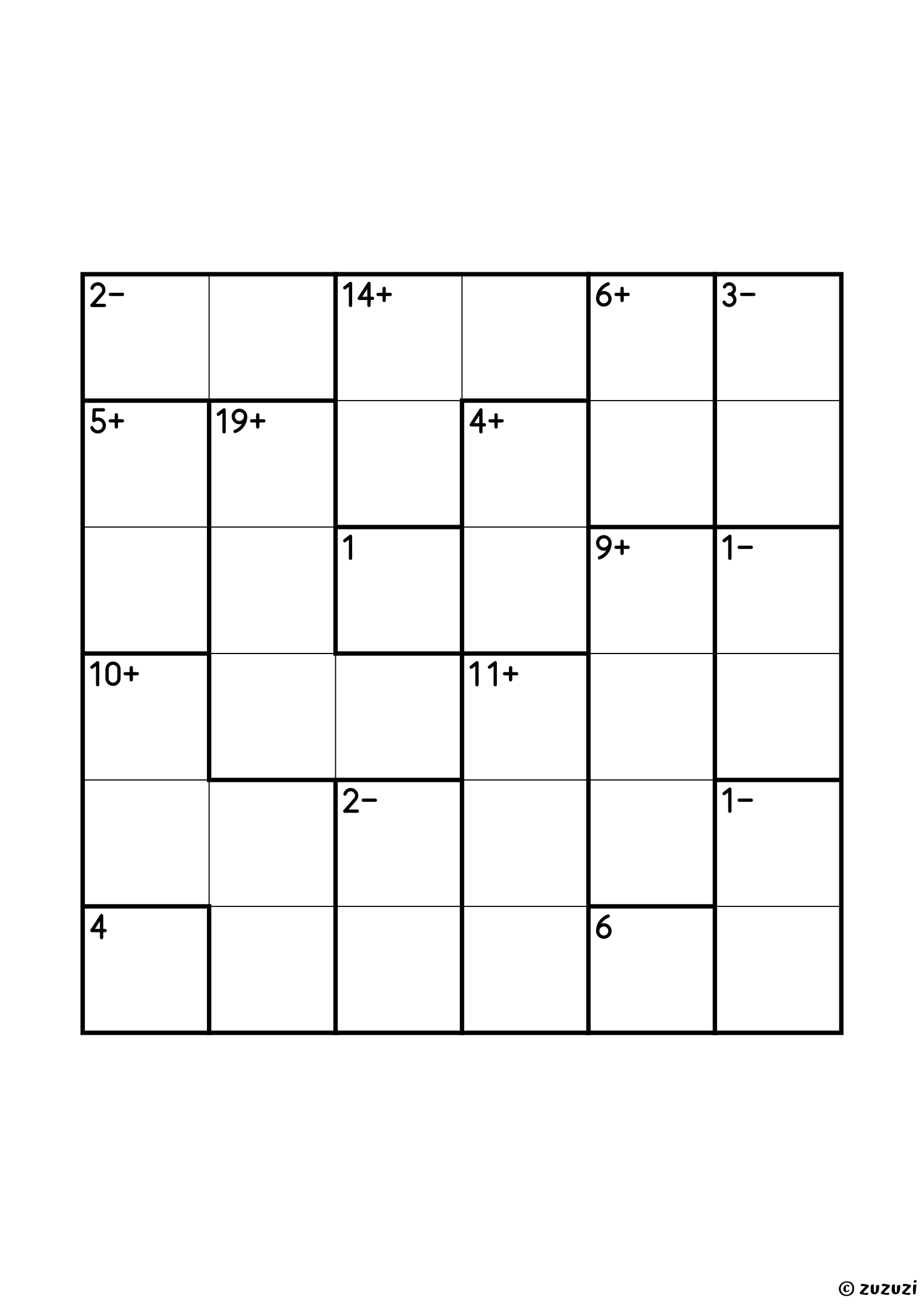 6x6 calcudoku with addition and subtraction, sixteen cages: three single cells (1, 4 and 6), five subtraction pairs (1−, 1−, 2−, 2− and 3−), three addition pairs (4+, 5+ and 6+), three three-cell cages (9+, 11+ and 14+) and two four-cell cages, 10+ and 19+. Addition and subtraction, puzzle 2 of 4.