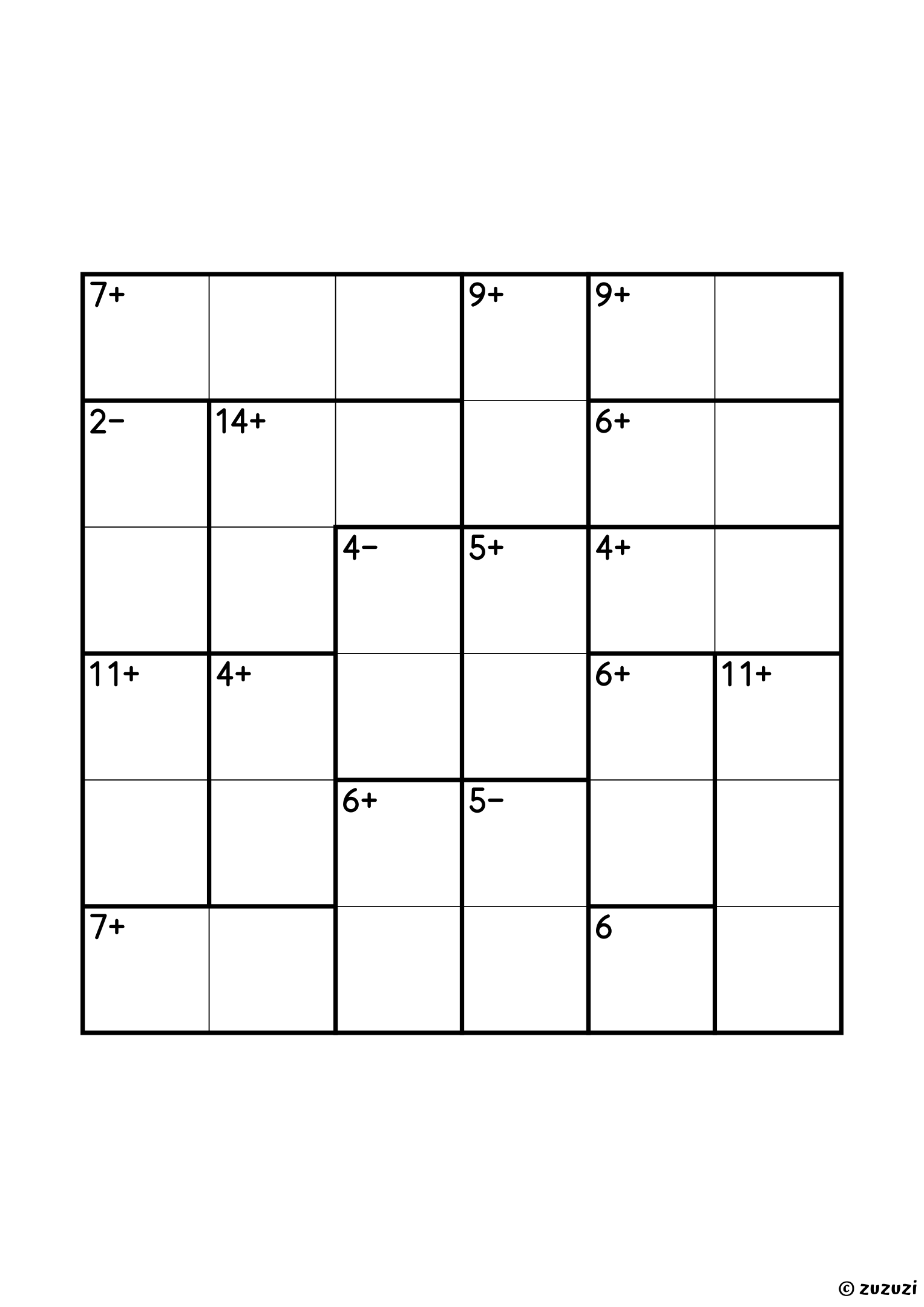 6x6 calcudoku with addition and subtraction, seventeen cages: a single cell of 6, three subtraction pairs (2−, 4− and 5−), ten addition pairs from 4+ to 11+, and three three-cell cages (7+, 11+ and 14+). Addition and subtraction, puzzle 3 of 4.