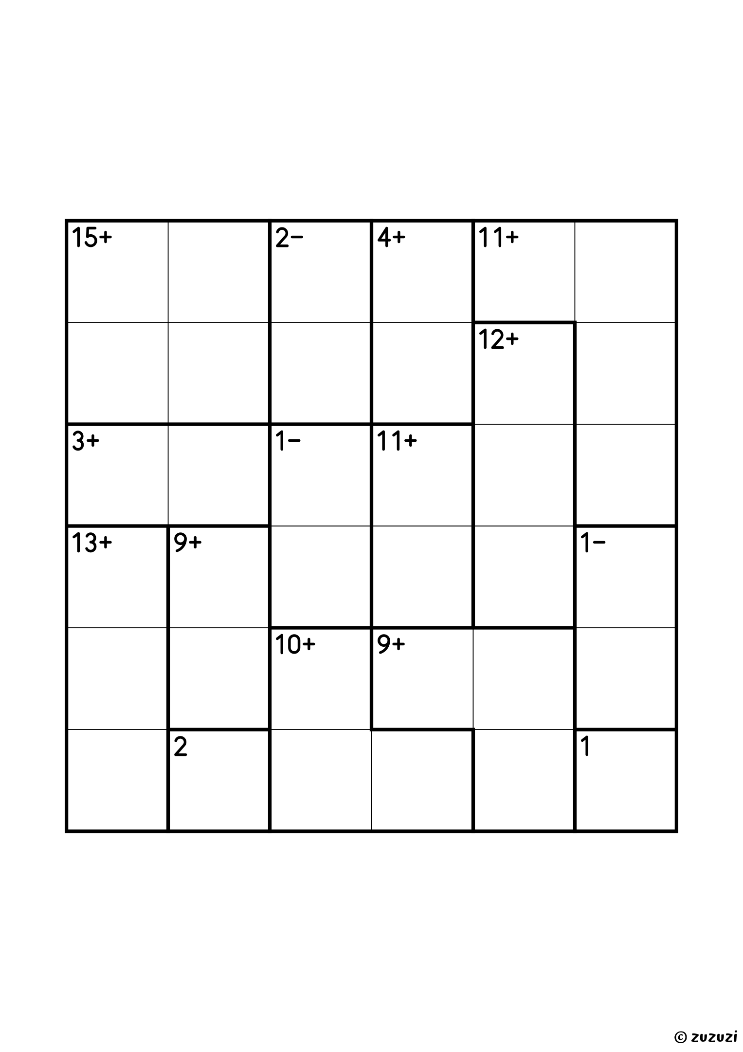 6x6 calcudoku with addition and subtraction, fifteen cages: two single cells (1 and 2), three subtraction pairs (1−, 1− and 2−), four addition pairs (3+, 4+, 9+ and 11+), four three-cell cages (9+, 10+, 12+ and 13+) and two four-cell cages (11+ and 15+). Addition and subtraction, puzzle 4 of 4.