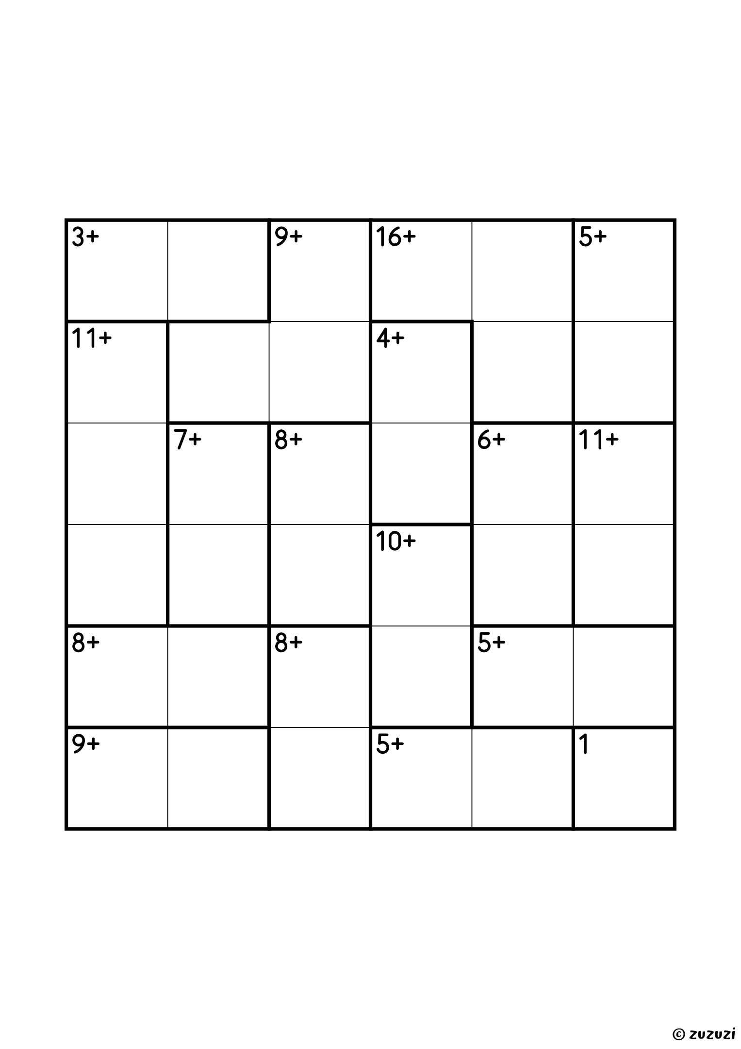 6x6 calcudoku with addition only, seventeen cages: a single cell of 1, thirteen pairs from 3+ (1 and 2) to 11+ (5 and 6), and three three-cell cages (9+, 11+ and 16+). Addition, puzzle 1 of 4.