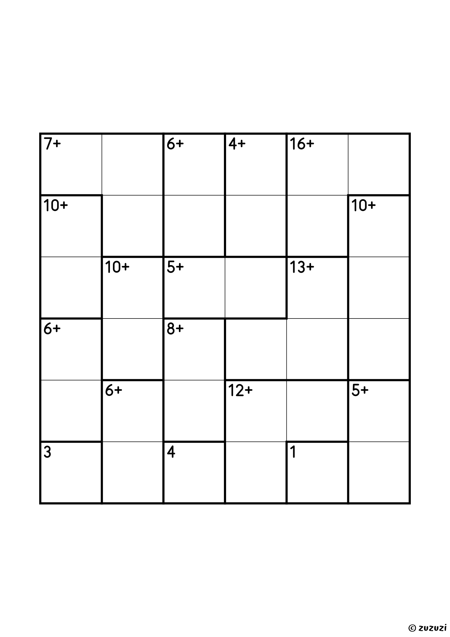 6x6 calcudoku with addition only, seventeen cages: three single cells (1, 3 and 4), nine pairs from 4+ to 10+, and five three-cell cages (7+, 10+, 12+, 13+ and 16+). Addition, puzzle 2 of 4.