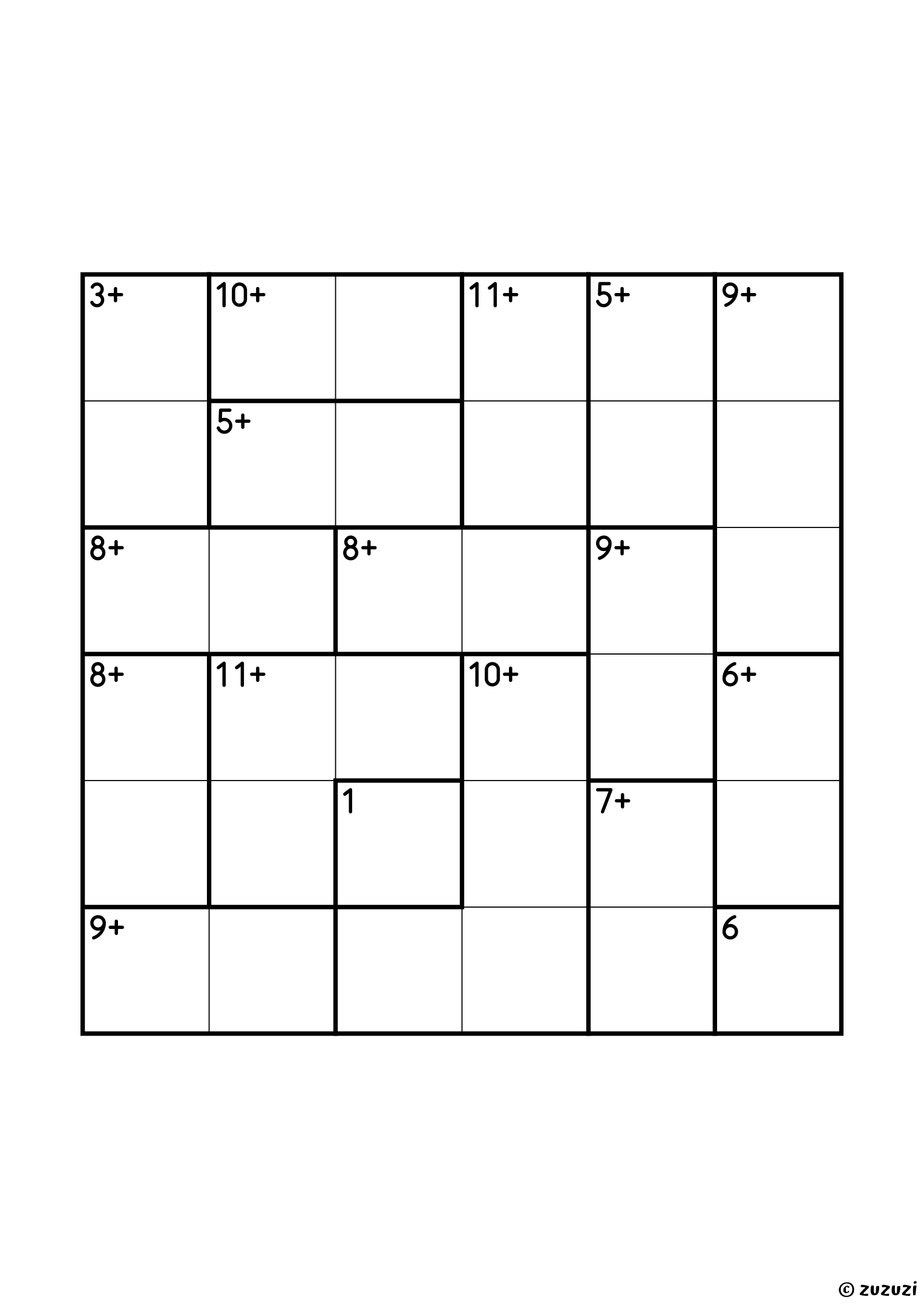 6x6 calcudoku with addition only, seventeen cages: two single cells (1 and 6), twelve pairs, among them 3+ (1 and 2) and 11+ (5 and 6), two three-cell cages (9+ and 11+) and a four-cell 10+, which is 1, 2, 3 and 4 if it holds no repeat. Addition, puzzle 3 of 4.