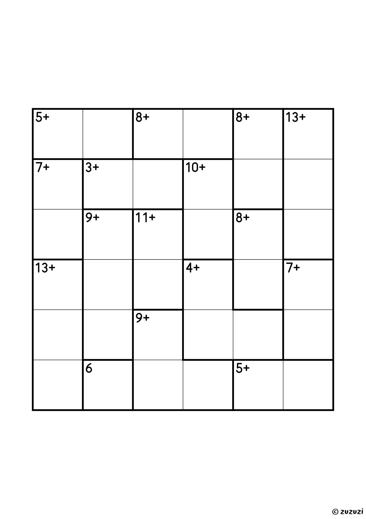 6x6 calcudoku with addition only, sixteen cages: a single cell of 6, ten pairs from 3+ to 11+, and five three-cell cages, 4+ (1, 1 and 2 around a corner), 9+, 9+, 13+ and 13+. Addition, puzzle 4 of 4.