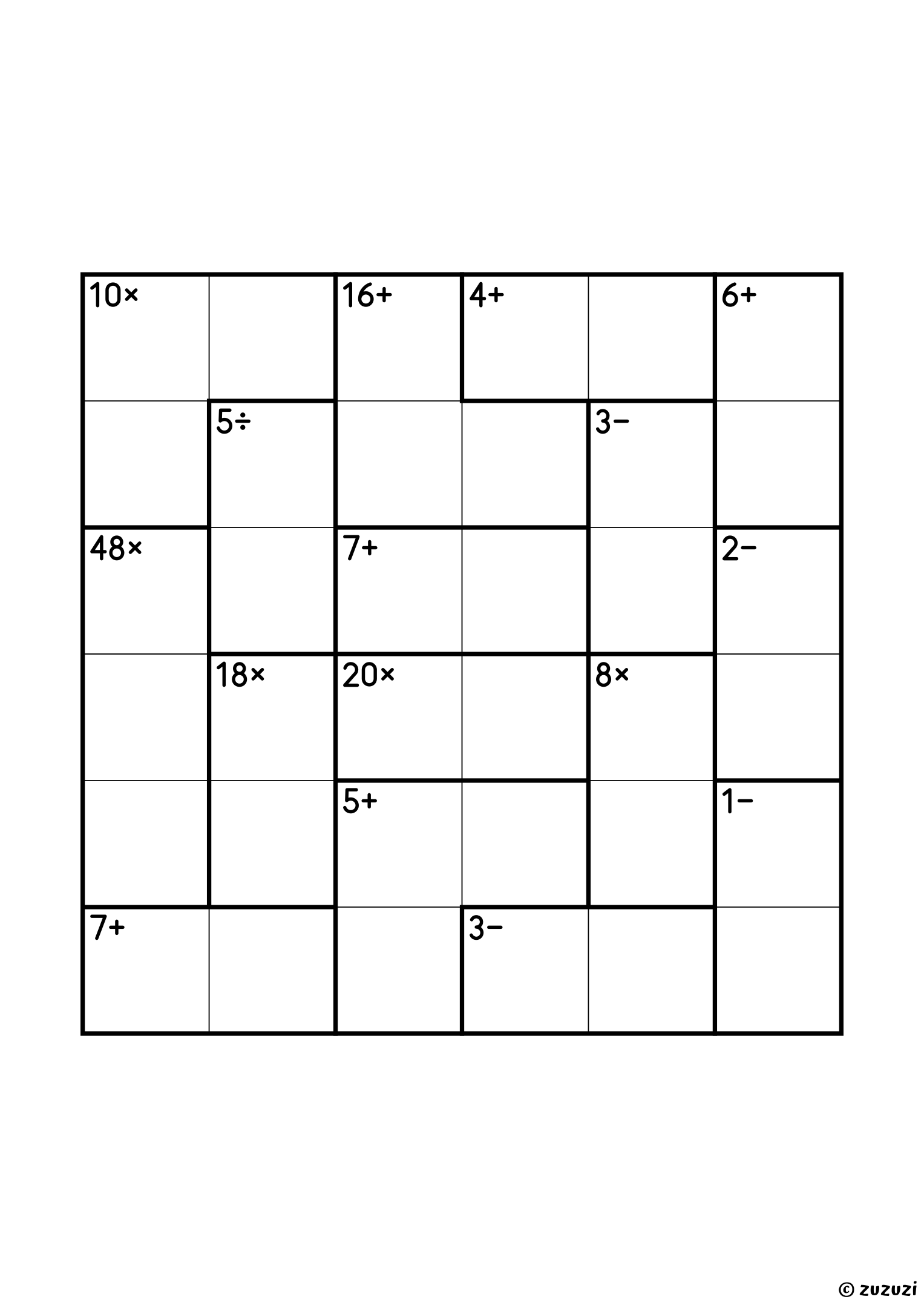 6x6 calcudoku with all four operations, sixteen cages and no given digit: four subtraction pairs, three products in pairs (8×, 18× and 20×, the last two being 3 and 6, then 4 and 5), a 5÷ pair (1 and 5), four addition pairs and four three-cell cages (10×, 48×, 5+ and 16+). All operations, puzzle 1 of 4.