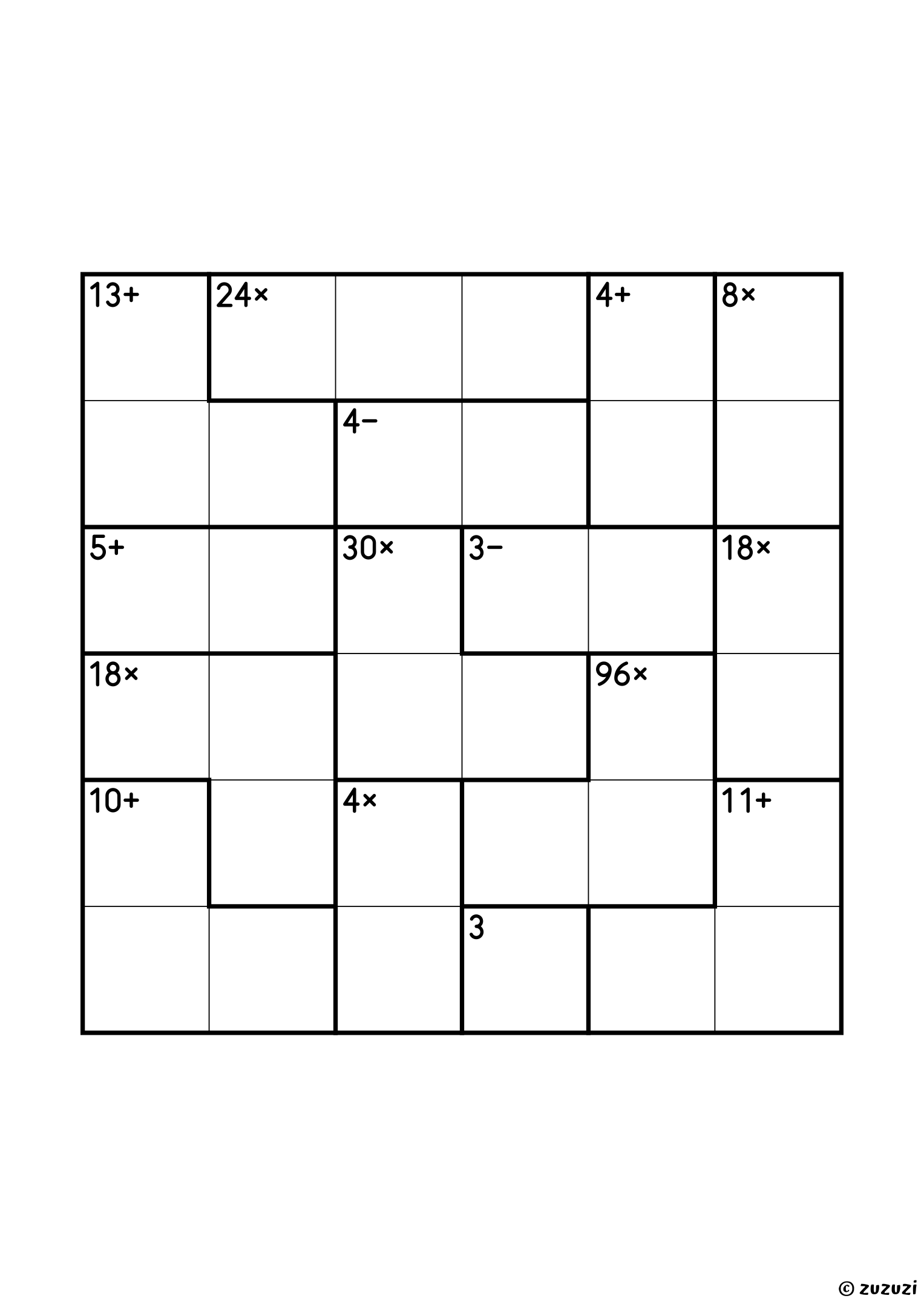 6x6 calcudoku with all four operations, fifteen cages: a single cell of 3, two subtraction pairs (3− and 4−), three products in pairs (4×, 8× and 18×), two addition pairs (4+ and 5+), four three-cell products (18×, 24×, 30× and 96×, which can only be 4, 4 and 6) and three three-cell sums (10+, 11+ and 13+). All operations, puzzle 2 of 4.