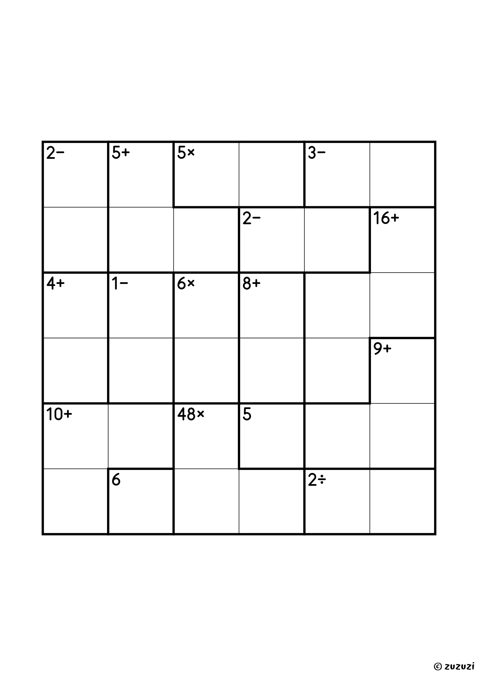6x6 calcudoku with all four operations, sixteen cages: two single cells (5 and 6), four subtraction pairs, two products in pairs (5×, which is 1 and 5, and 6×), a 2÷ pair, two addition pairs (4+ and 8+), a three-cell 48×, three three-cell sums (5+, 9+ and 10+) and a four-cell 16+. All operations, puzzle 3 of 4.