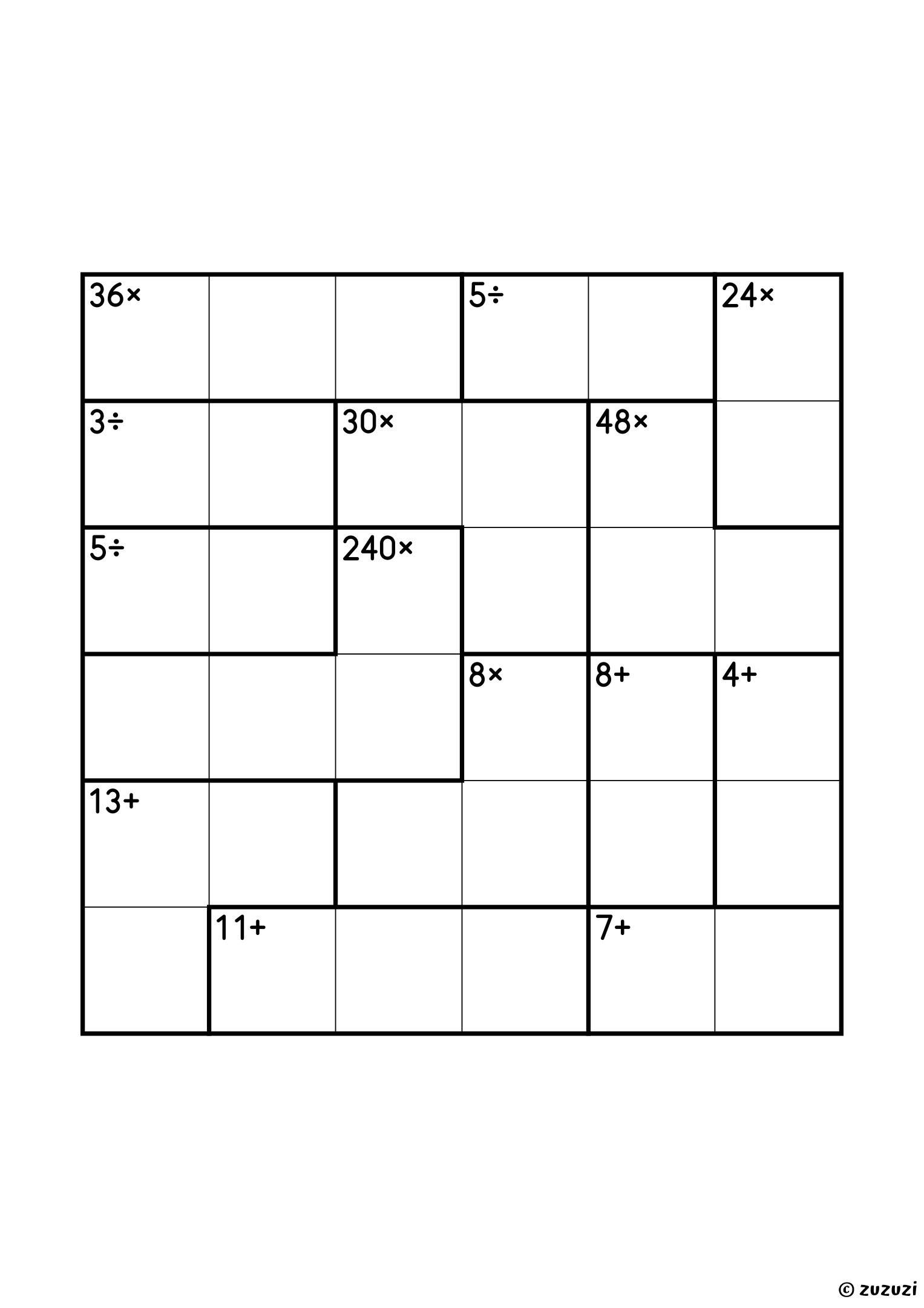 6x6 calcudoku with all four operations, fourteen cages and no given digit: a 24× pair (4 and 6), three division pairs (3÷, 5÷ and 5÷, the last two being 1 and 5), three addition pairs, four three-cell products (8×, 30×, 36× and 48×), two three-cell sums (11+ and 13+) and a four-cell 240×. All operations, puzzle 4 of 4.