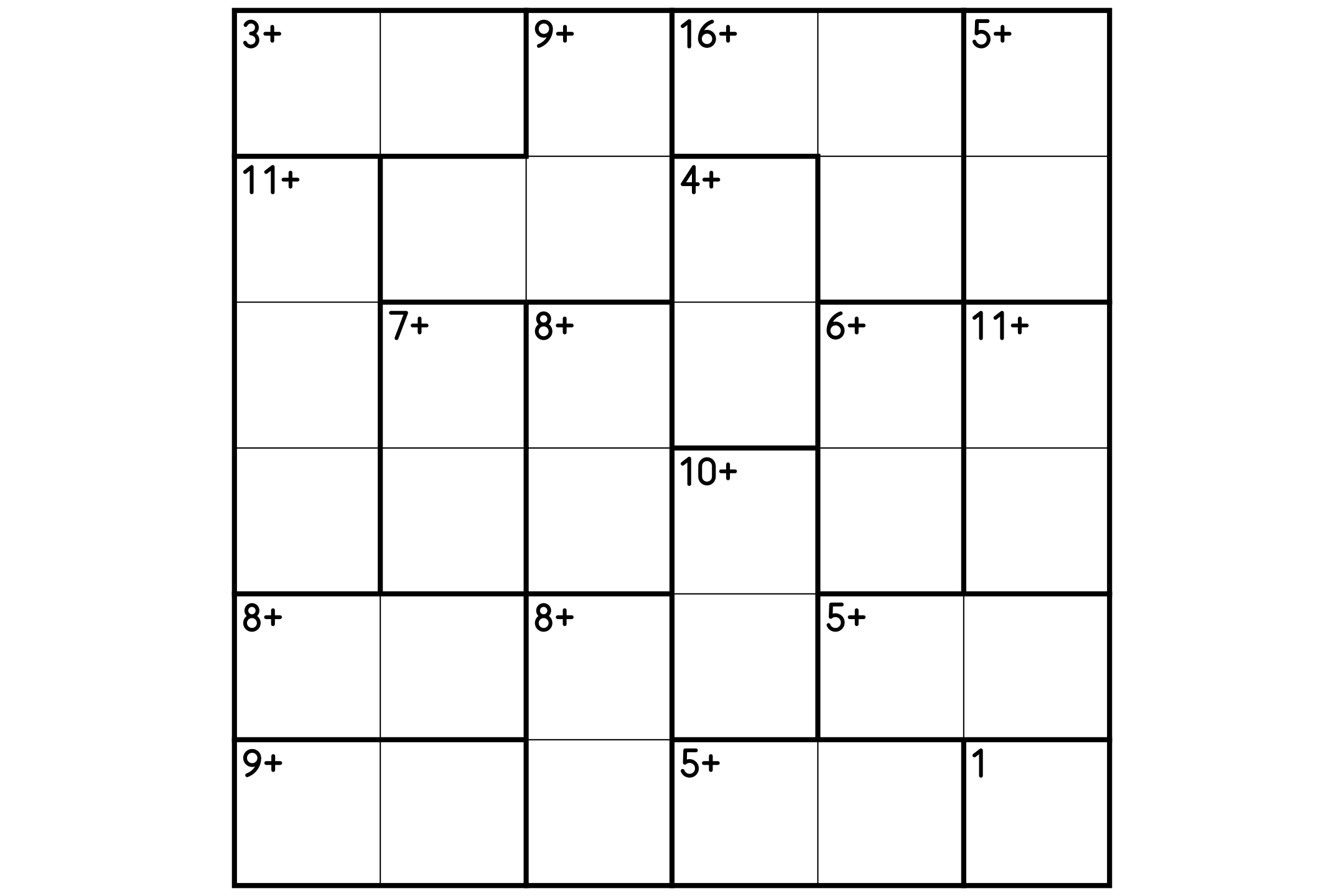 A 6x6 calcudoku grid with thick-lined cages, each with a target number and an operation sign, in black and white.
