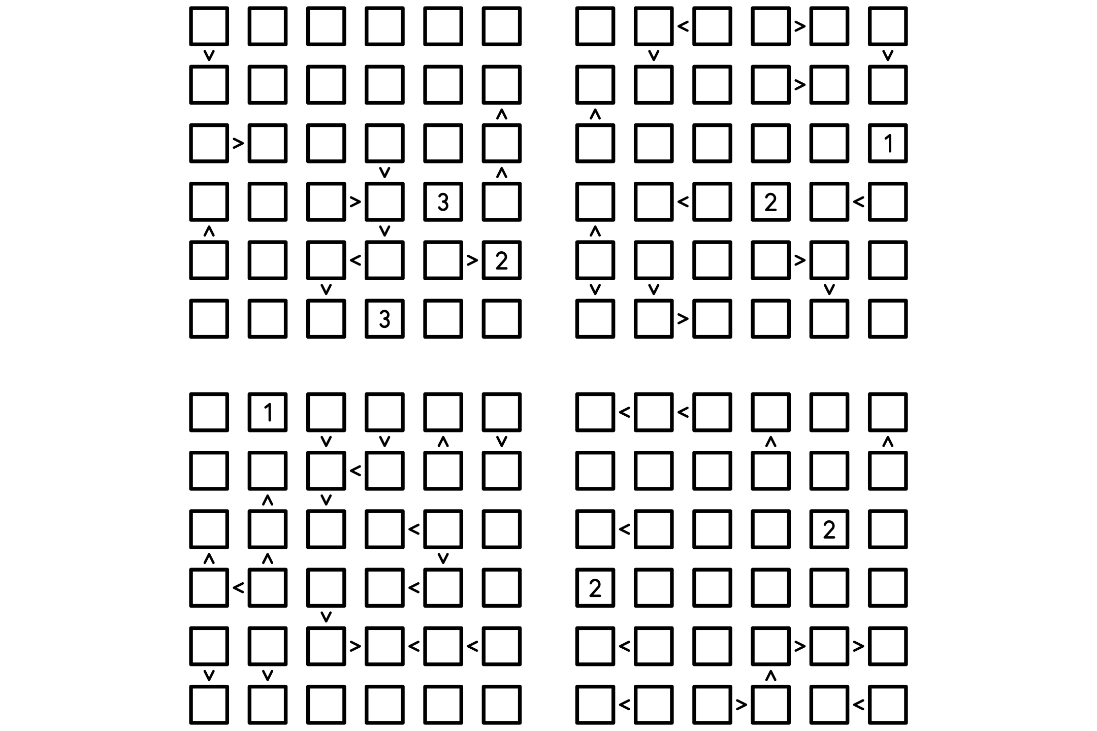 A sheet of four 6x6 futoshiki grids with inequality signs between many of the cells, in black on white.