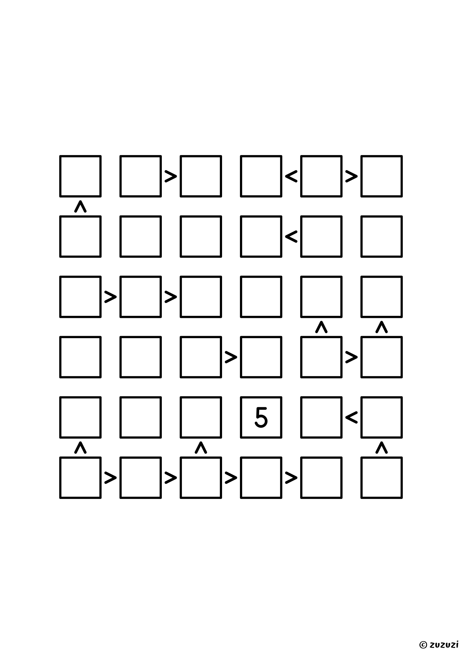 6x6 futoshiki with one given digit and nineteen signs, the densest grid of the set: nearly a third of the sixty possible places carry a sign. Puzzle 1 of 8.