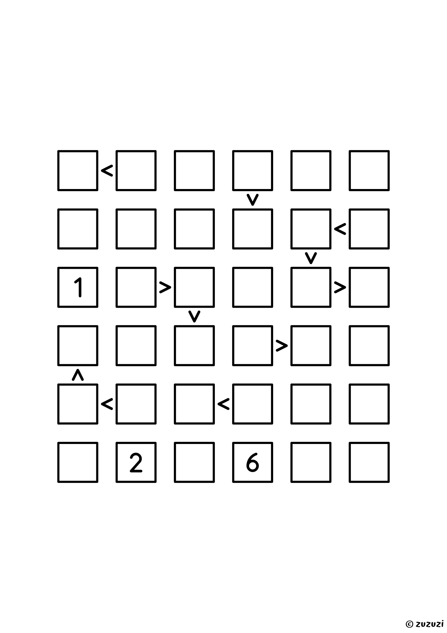 6x6 futoshiki with three given digits and only eleven signs, the most open grid of the set: the row and column rule does more work than the signs. Puzzle 3 of 8.