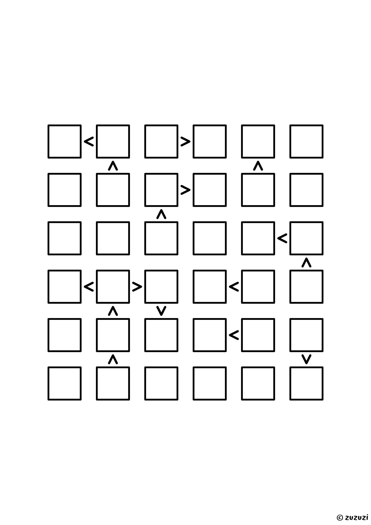 6x6 futoshiki with sixteen signs and no given digit at all; every one of the thirty-six cells comes from the signs. Puzzle 4 of 8.