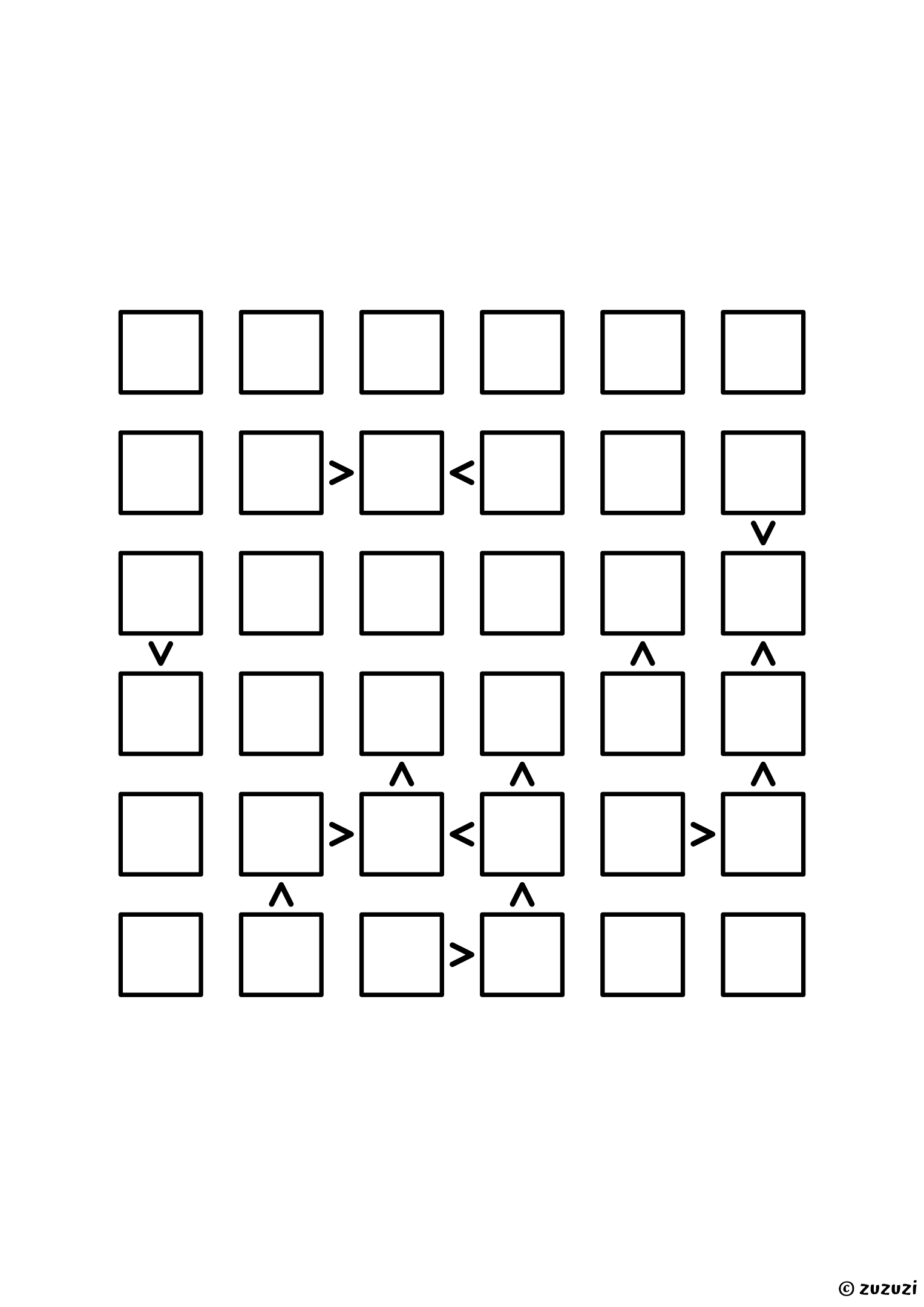 6x6 futoshiki with fifteen signs and no given digit; start from the longest chain of signs, its top cell is high and its bottom cell low. Puzzle 5 of 8.