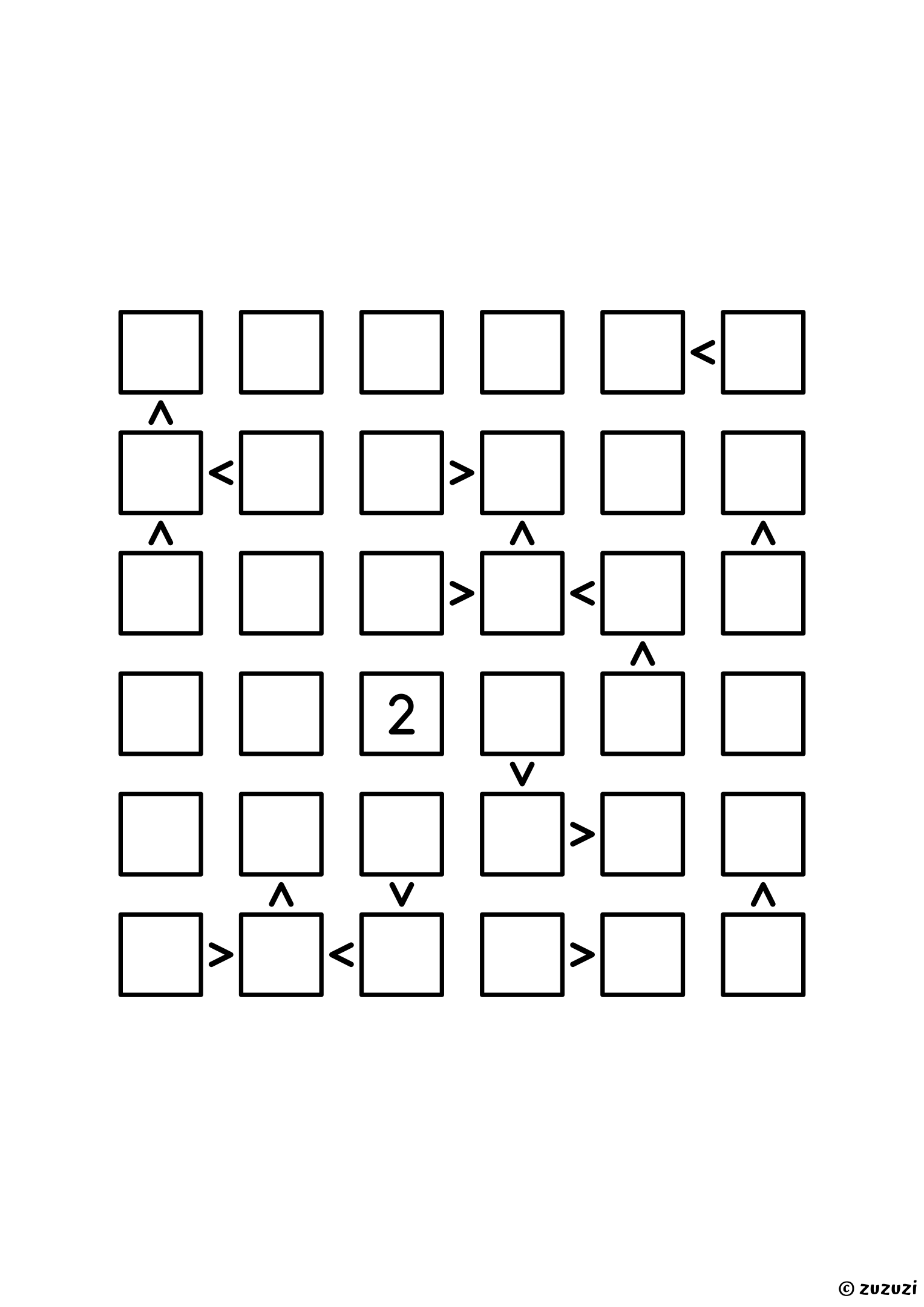 6x6 futoshiki with one given digit and eighteen signs; mark the places left for each 1 and each 6 before writing anything. Puzzle 6 of 8.