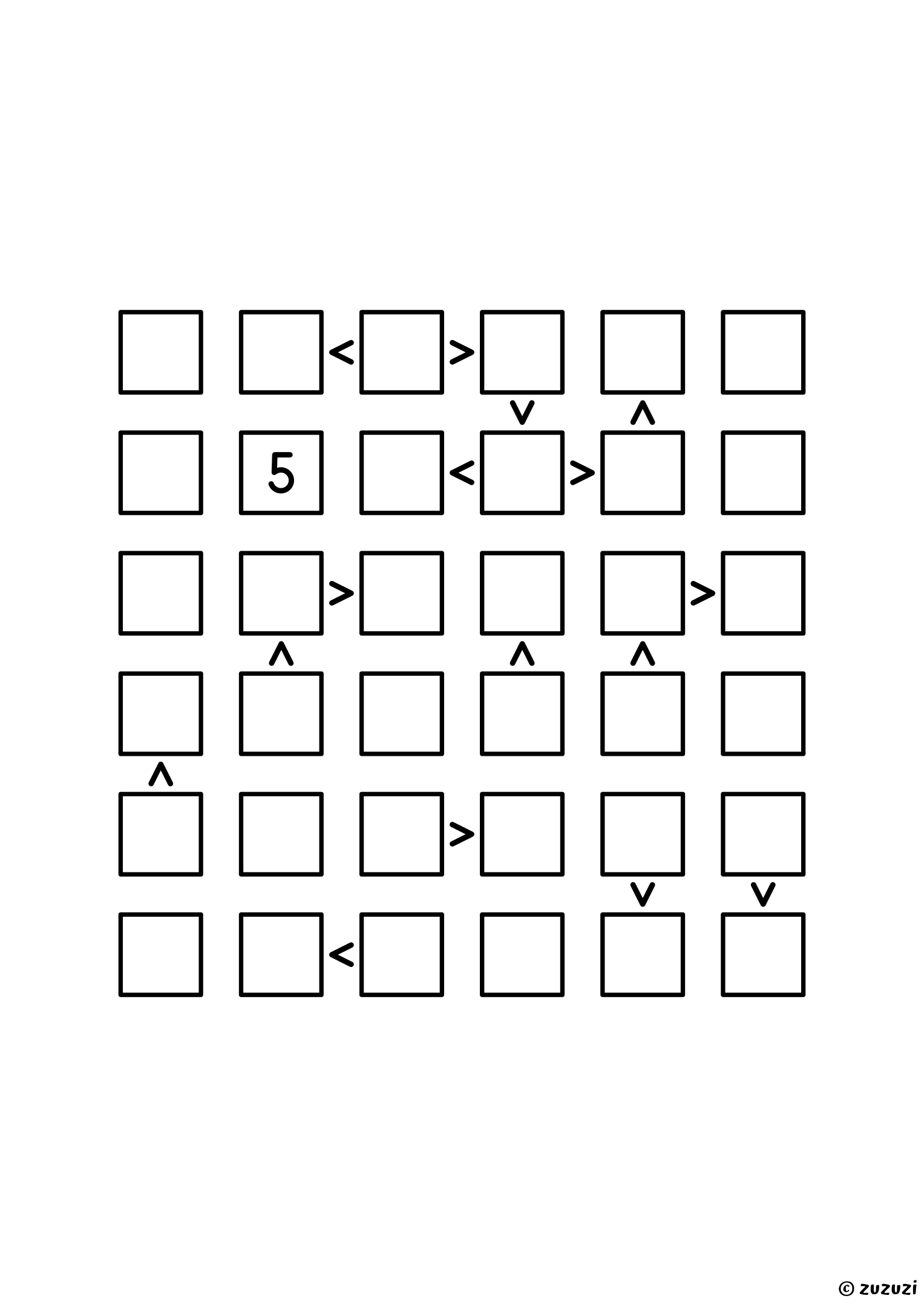 6x6 futoshiki with one given digit and sixteen signs, the last of the set, with a layout of signs different from puzzle 7. Puzzle 8 of 8.
