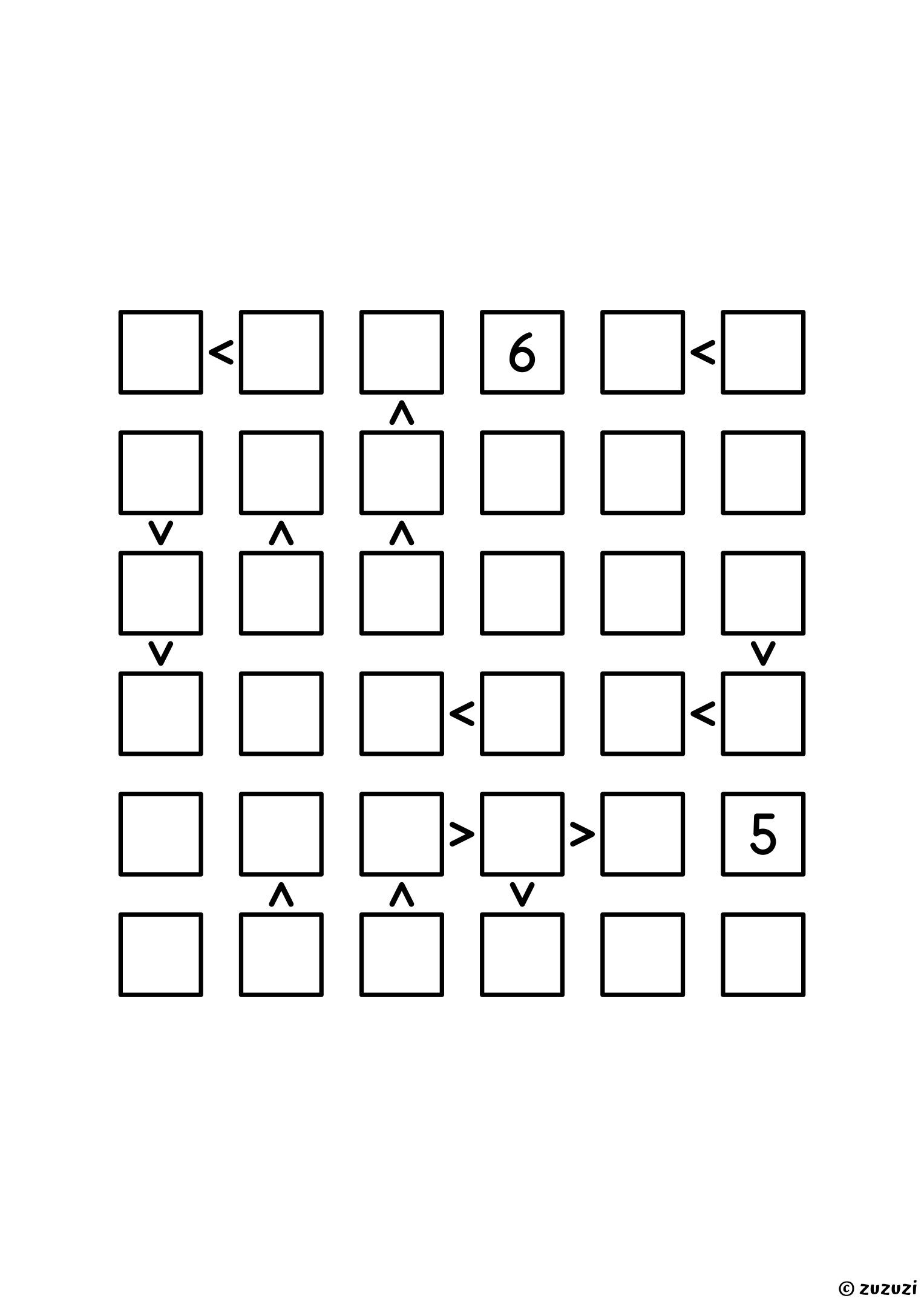 Challenging 6x6 futoshiki puzzle with inequality signs between neighboring cells. Digits 1 to 6, one solution. Variant 1.