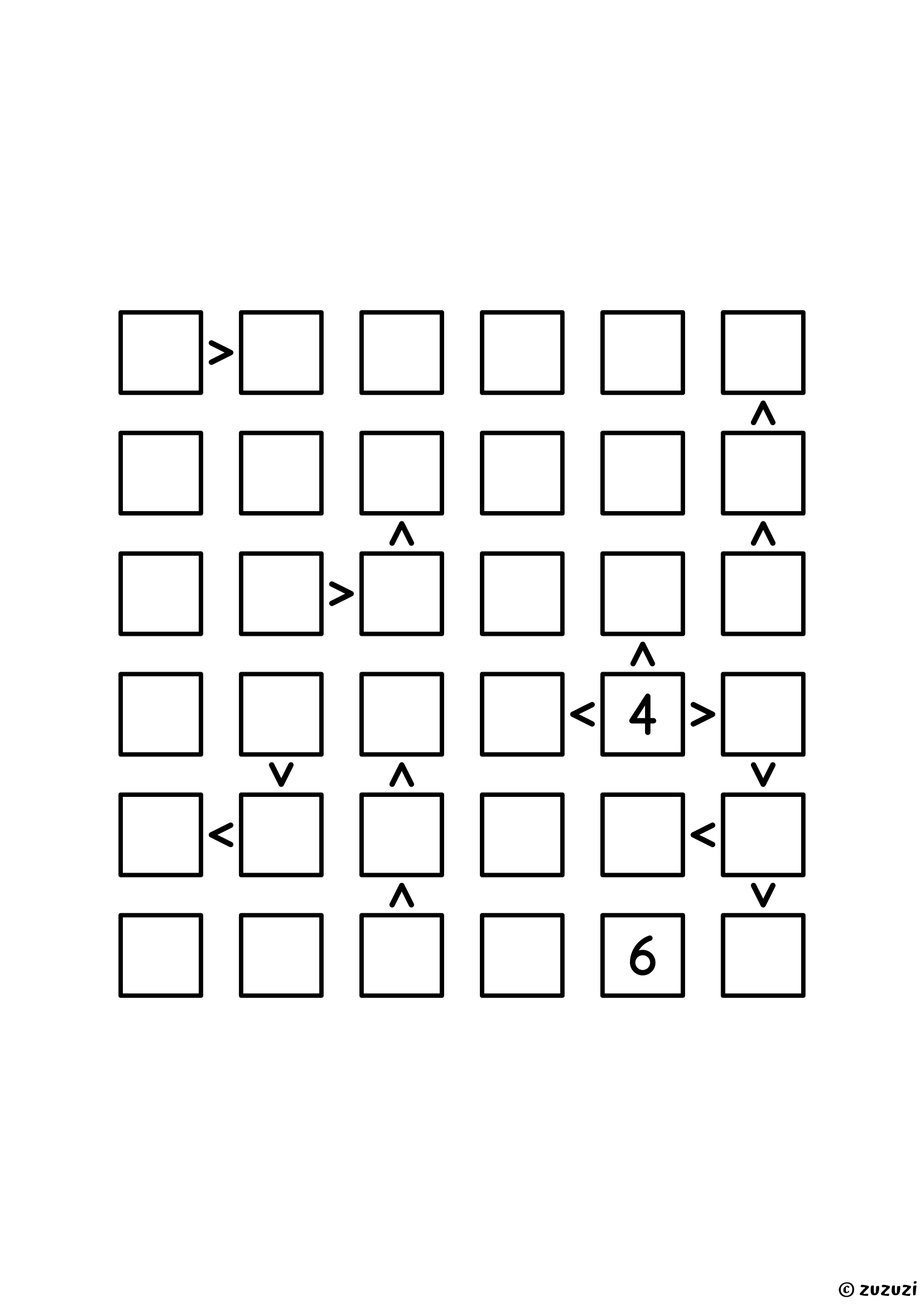 Challenging 6x6 futoshiki puzzle with inequality signs between neighboring cells. Digits 1 to 6, one solution. Variant 2.