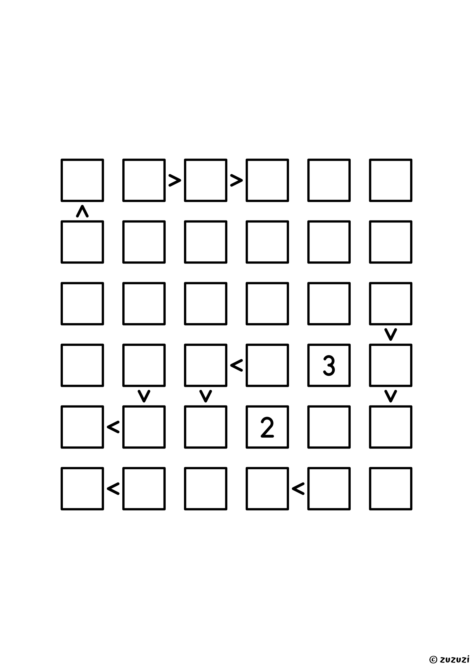 Challenging 6x6 futoshiki puzzle with inequality signs between neighboring cells. Digits 1 to 6, one solution. Variant 3.