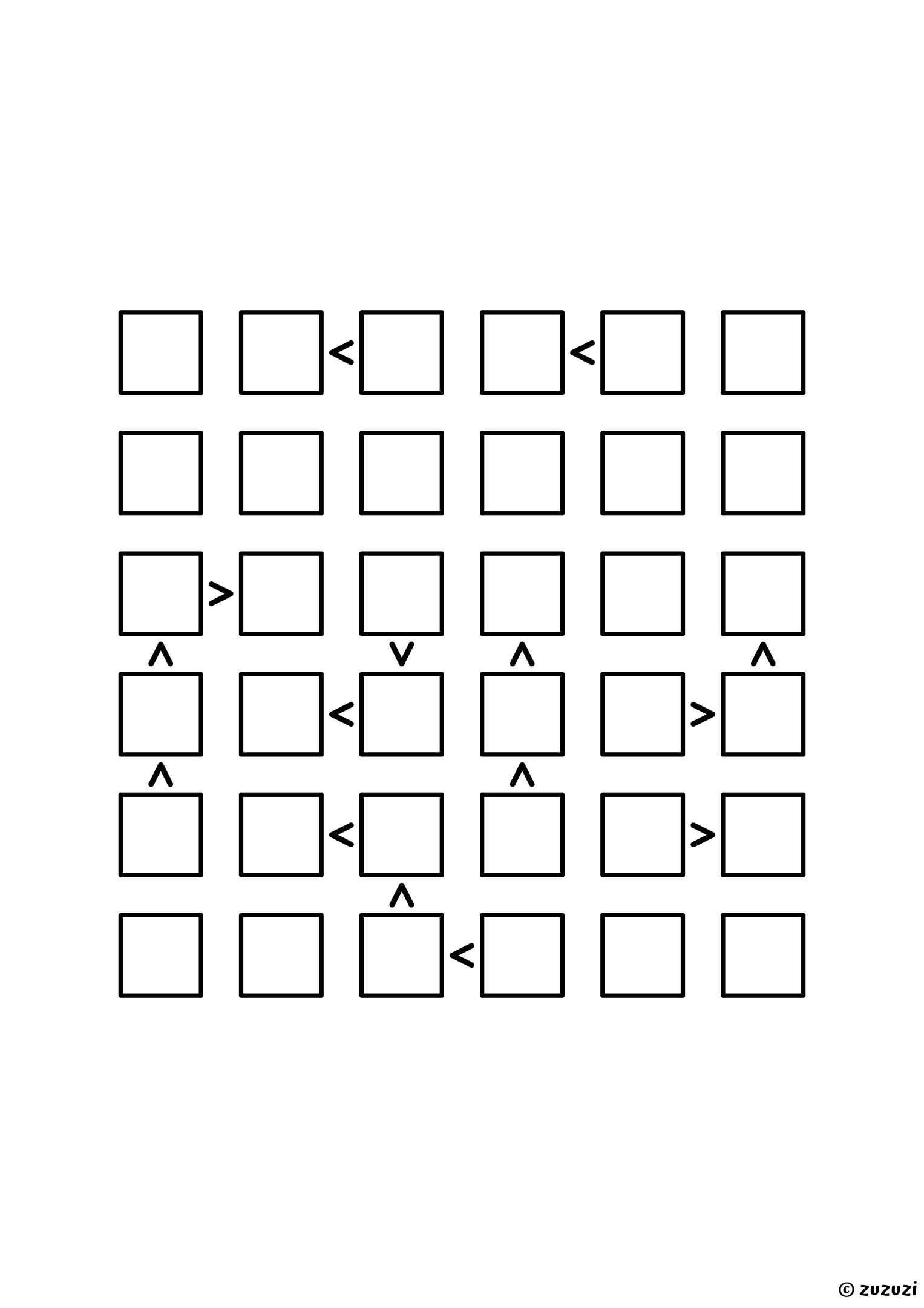 Challenging 6x6 futoshiki puzzle with inequality signs between neighboring cells. Digits 1 to 6, one solution. Variant 4.